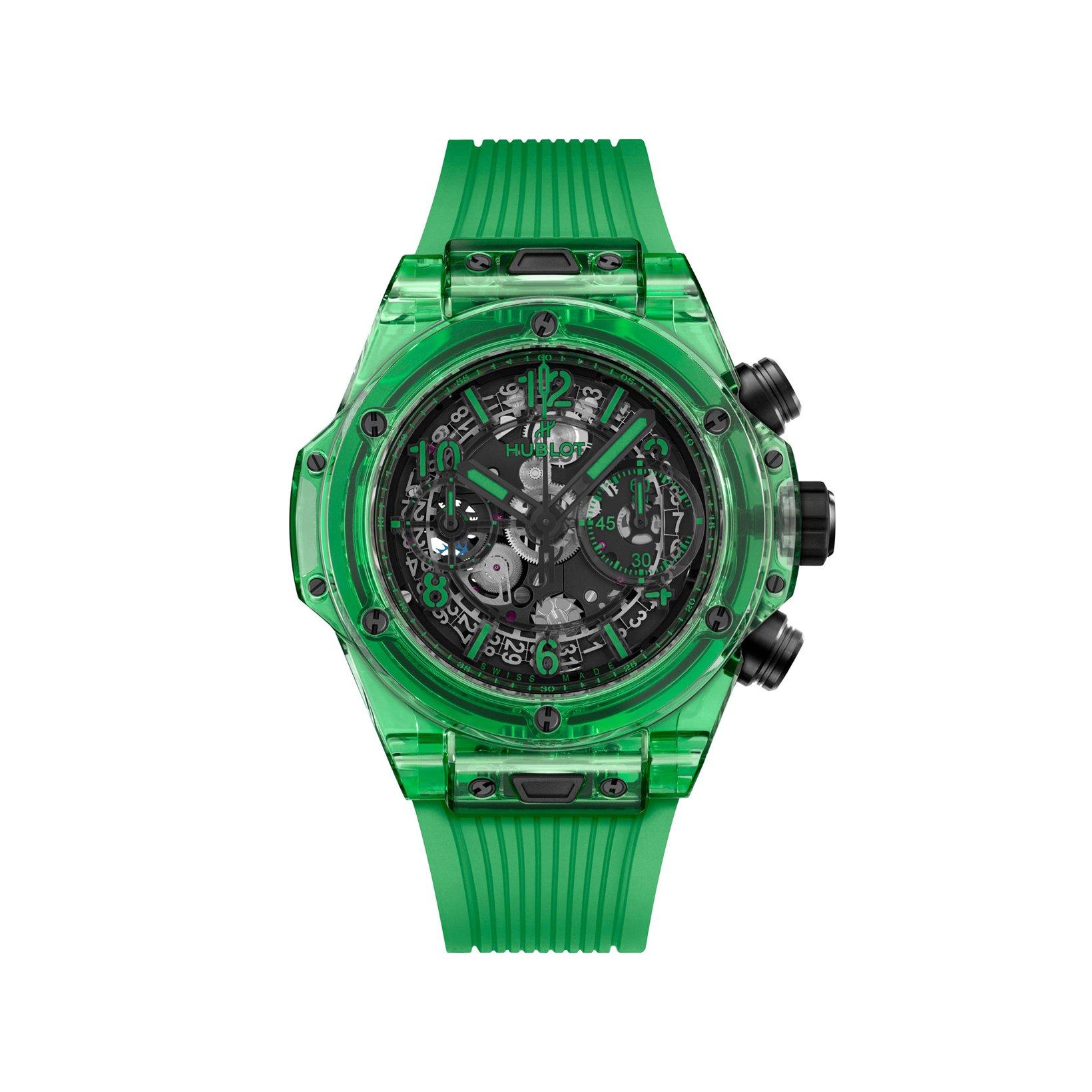 Hublot Big Bang Unico Green Saxem Automatic  mm Sapphire Watch  Black And Transparent Dial   Rubber Strap