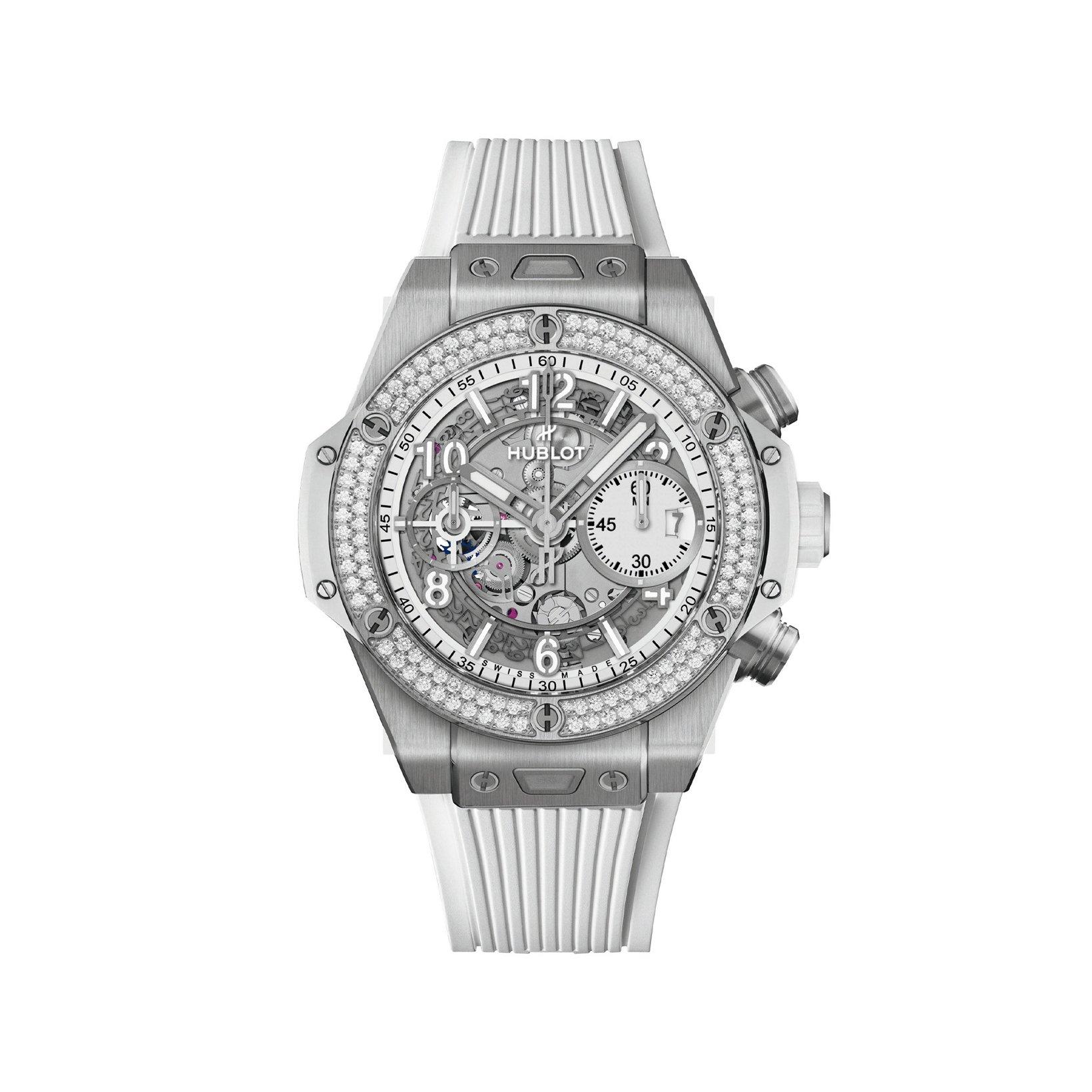 Hublot Big Bang Unico Titanium White Diamonds Automatic 42 mm Titanium Watch  White Dial   Rubber Strap