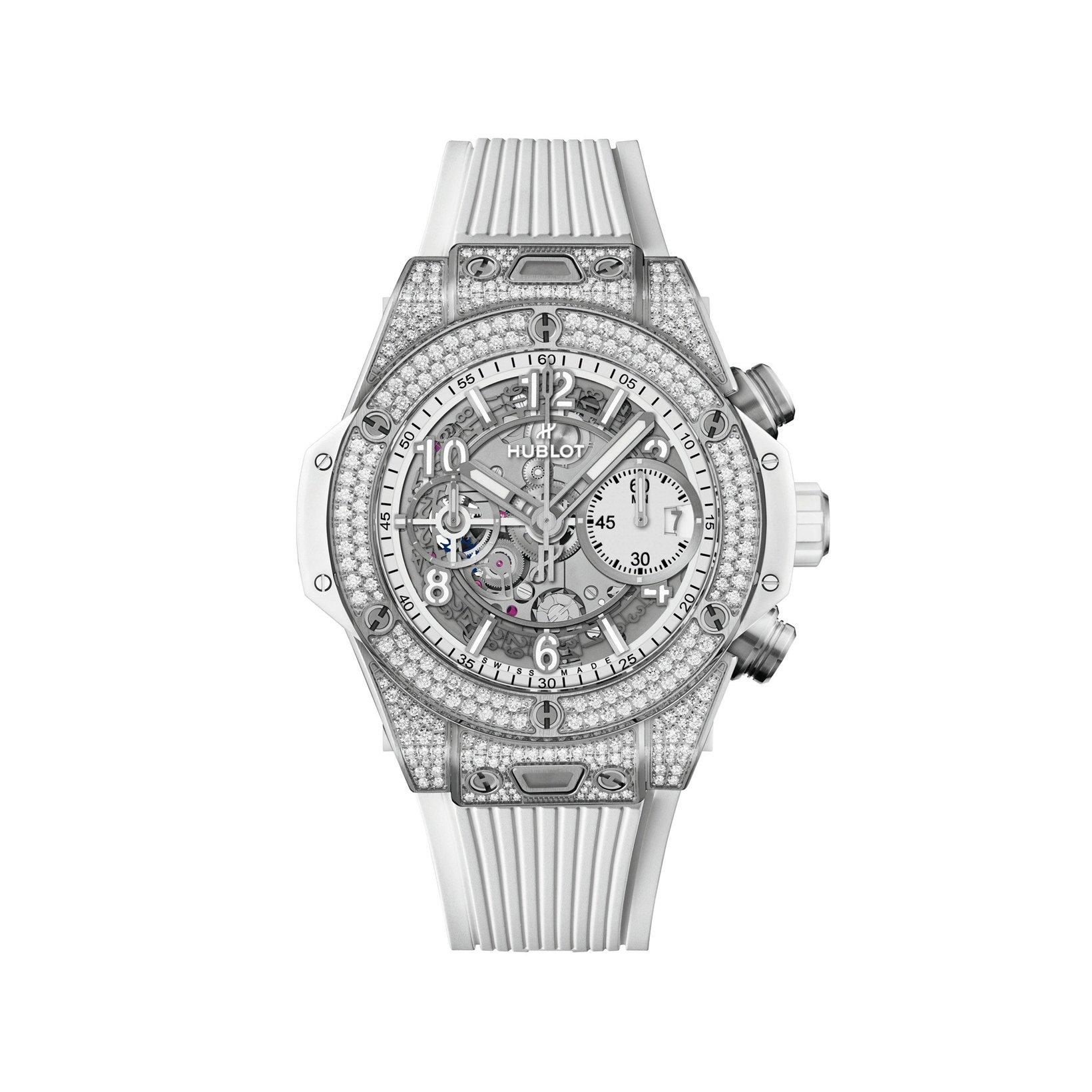 Hublot Big Bang Unico Titanium White Pave Automatic 42 mm Titanium Watch  White Dial   Rubber Strap