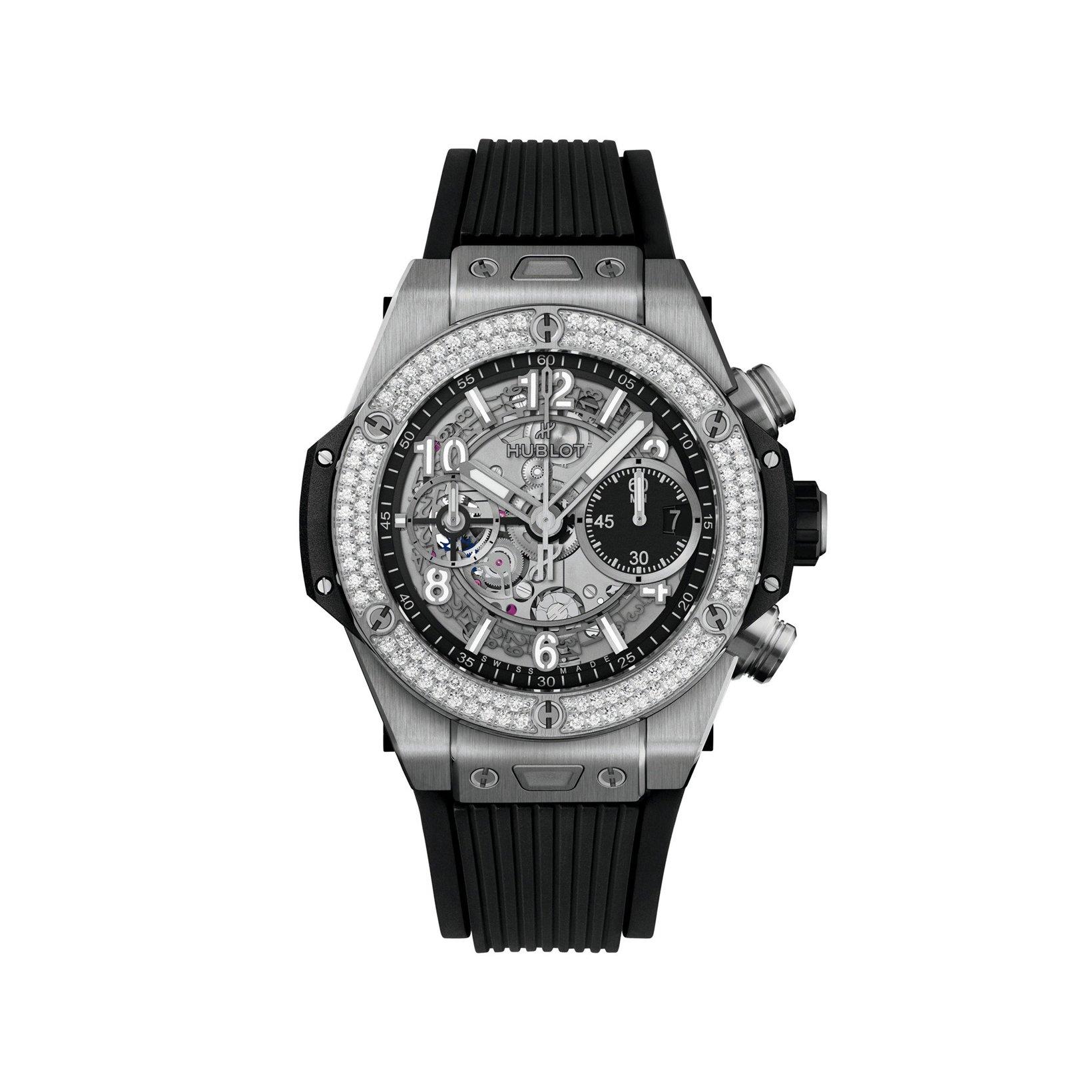 Hublot Big Bang Unico Titanium Diamonds Automatic 42 mm Titanium Watch  Black Dial   Rubber Strap