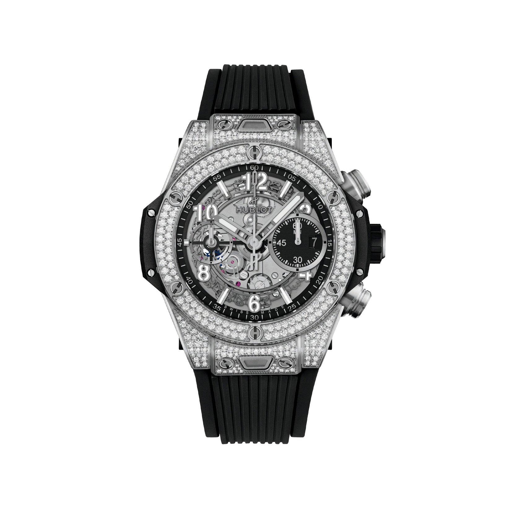 Hublot Big Bang Unico Titanium Pave Automatic 42 mm Titanium Watch  Black Dial   Rubber Strap