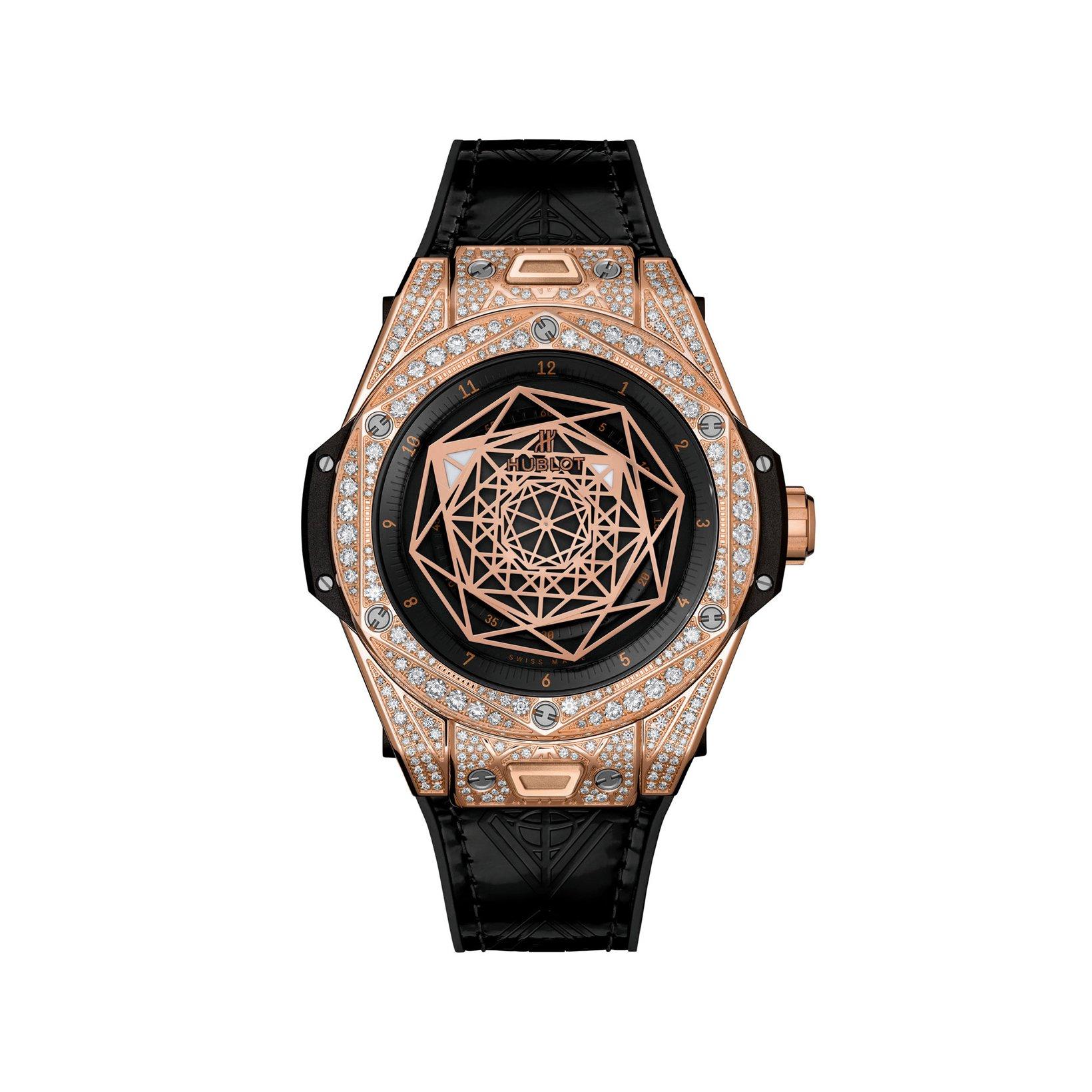 Hublot Big Bang Sang Bleu Automatic 39 mm King Gold And Diamond Watch  Black Dial   Calf Skin Strap