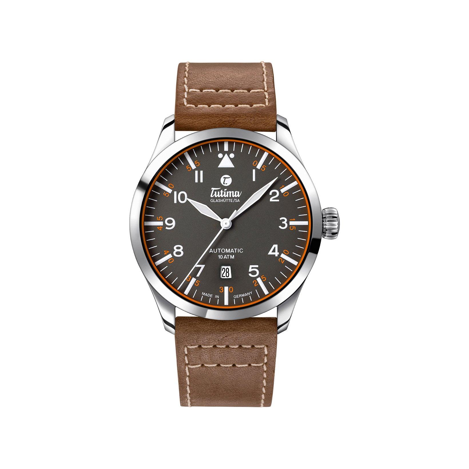 Tutima Flieger Automatic Automatic 41 mm Stainless Steel Watch  Grey Dial   Leather Strap