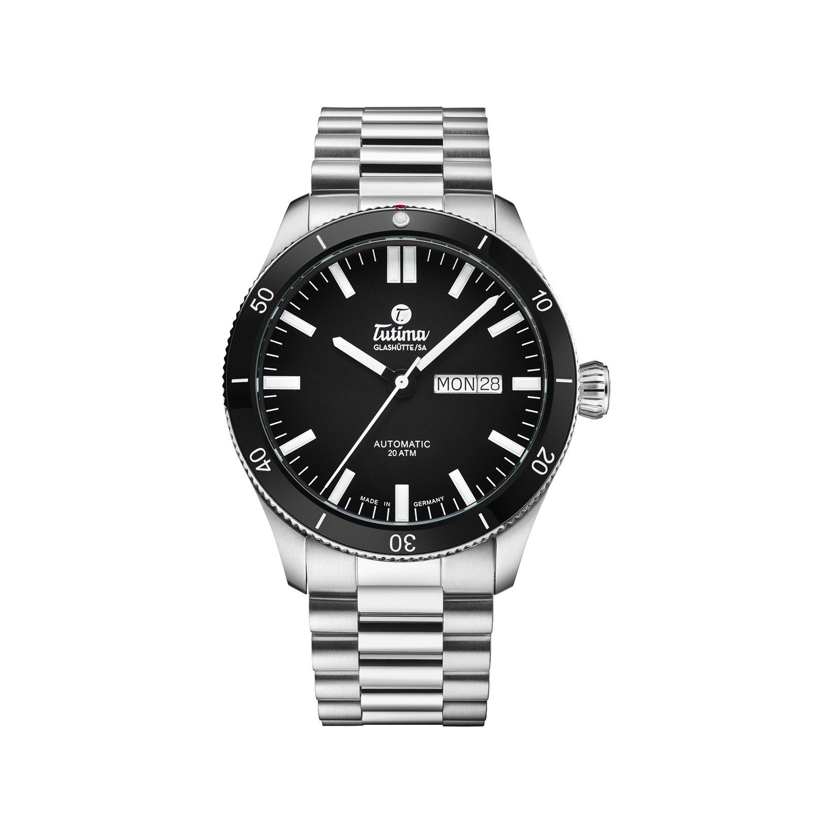 Tutima Grand Flieger Airport Automatic Automatic 41 mm Stainless Steel Watch  Black Dial  Stainless Steel Bracelet