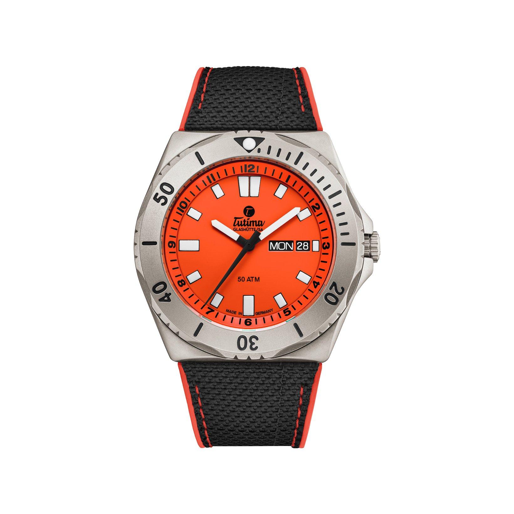 Tutima M2 Seven Seas Automatic 44 mm Titanium Watch  Orange Dial   Rubber Strap