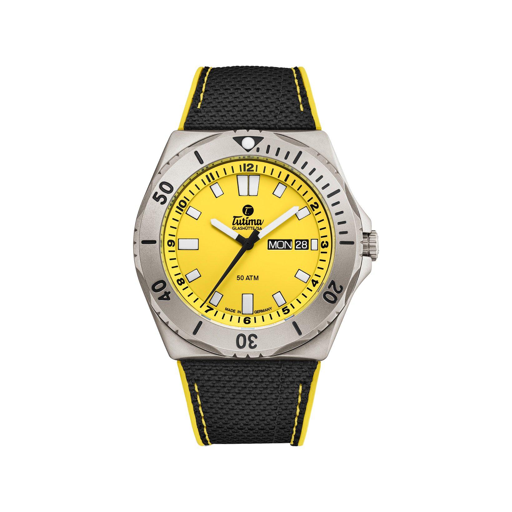 Tutima M2 Seven Seas Automatic 44 mm Titanium Watch  Yellow Dial   Rubber Strap