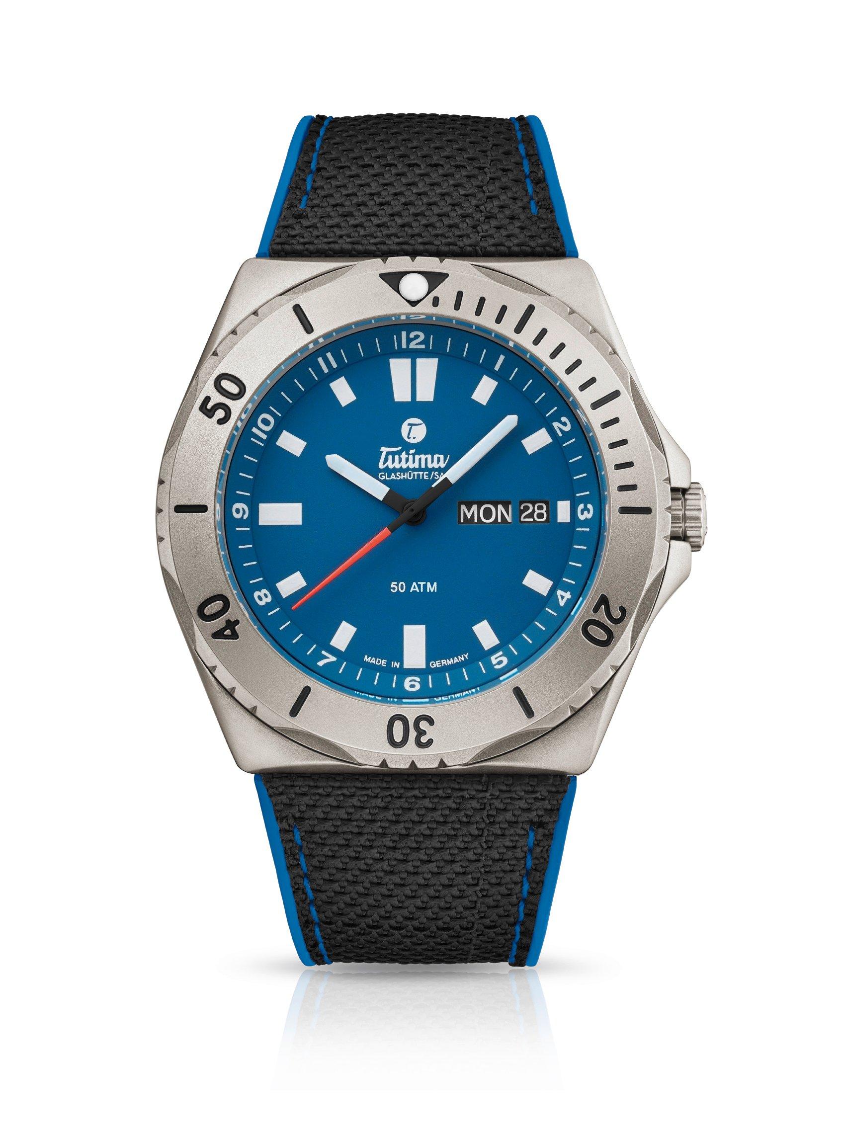 Tutima M2 Seven Seas Automatic 44 mm Titanium Watch  Blue Dial   Rubber Strap