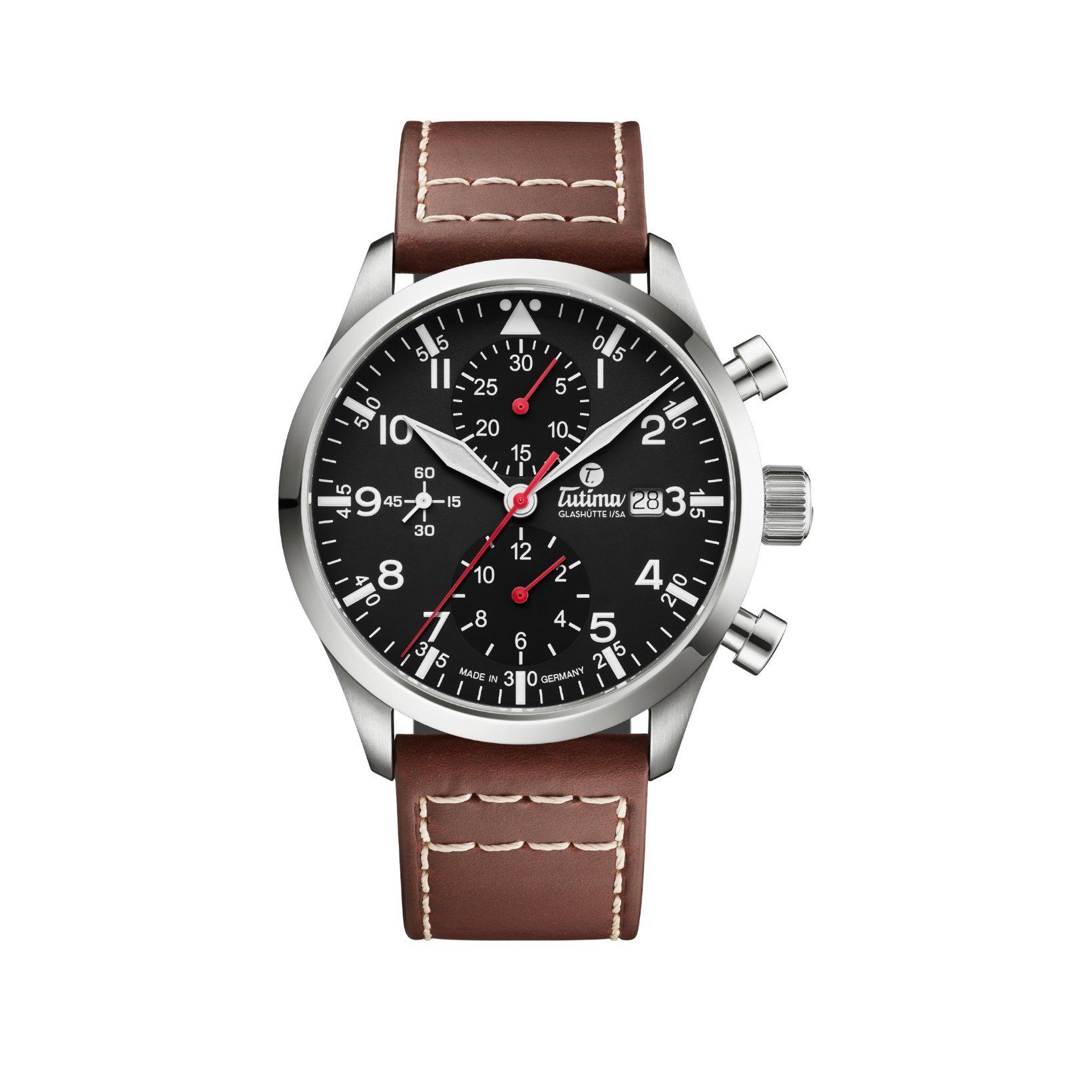 Tutima Flieger Legacy T5 Automatic 41 mm Titanium Watch  Black Dial   Leather Strap