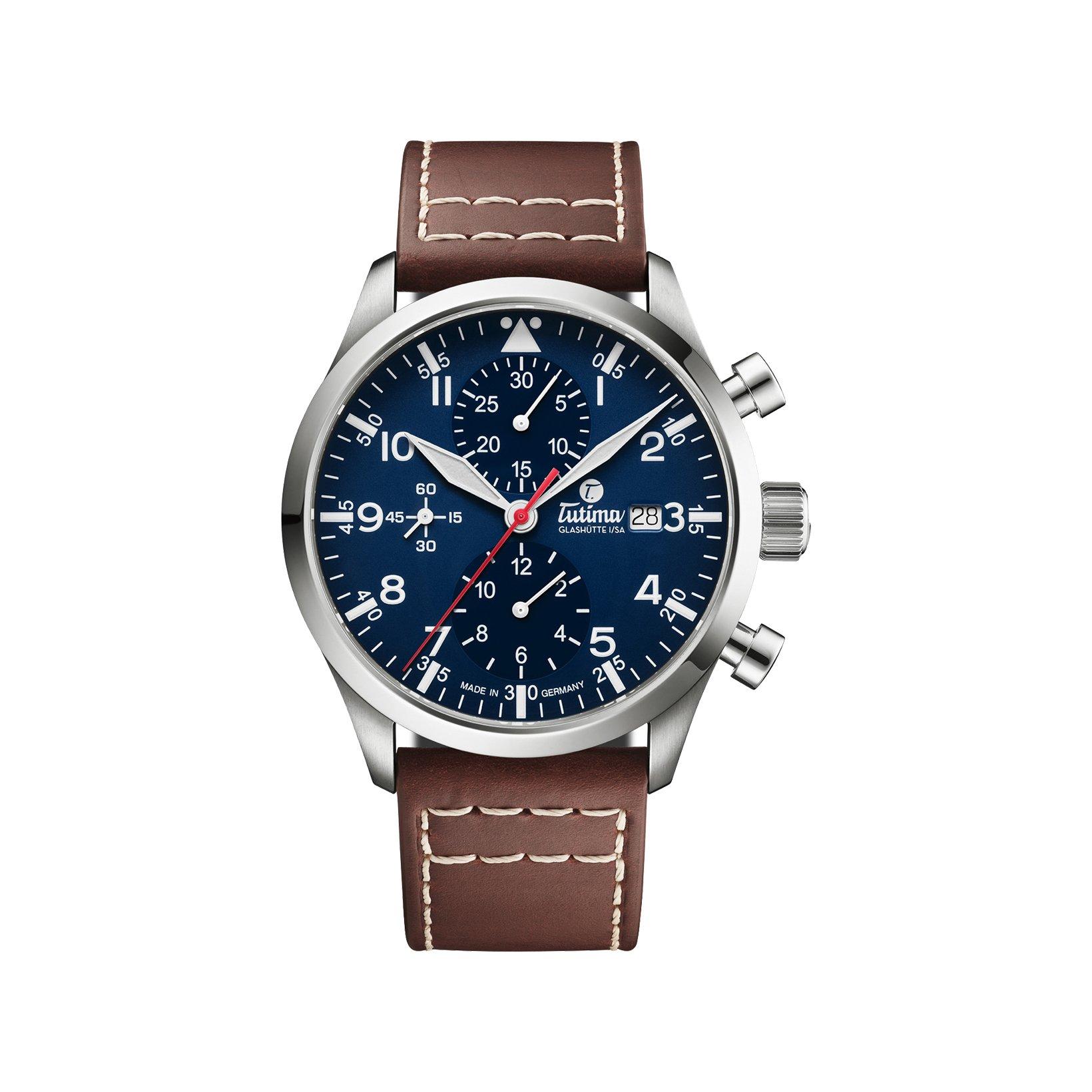 Tutima Flieger Legacy T5 Automatic 41 mm Titanium Watch  Blue Dial   Leather Strap