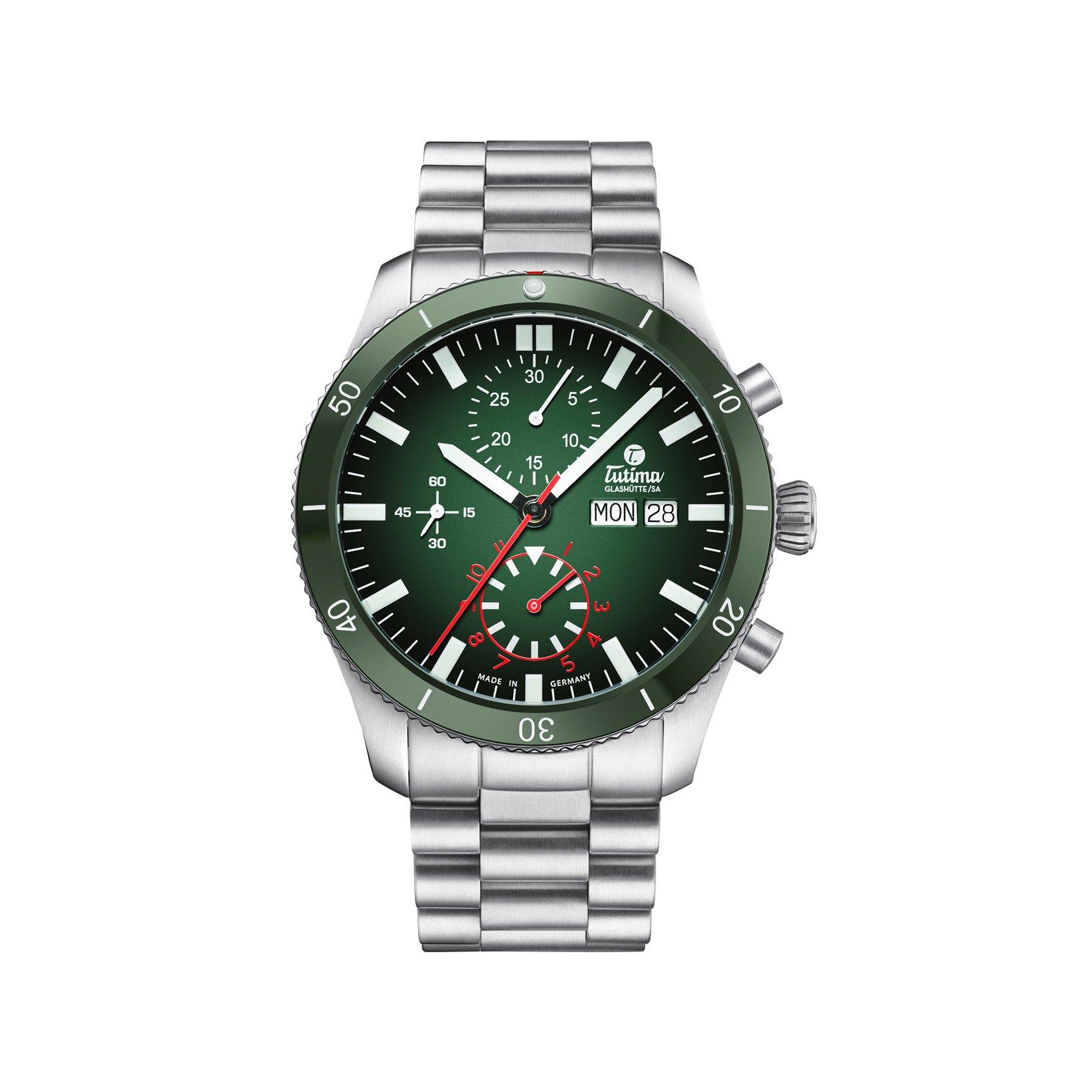 Tutima Grand Flieger Airport Chronograph Automatic 41 mm Stainless Steel Watch  Green Dial  Stainless Steel Bracelet