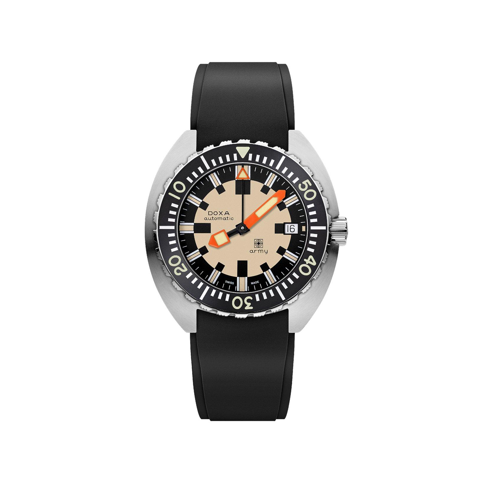 Doxa Watches Army  Automatic 42.5 mm Stainless Steel Watch  Black Dial   Rubber Strap