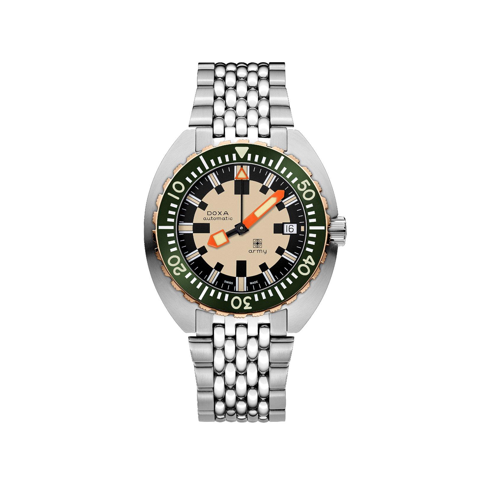 Doxa Watches Army  Automatic 42.5 mm Stainless Steel Watch  Green Dial  Stainless Steel Bracelet