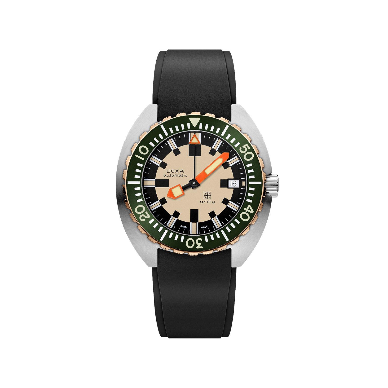 Doxa Watches Army  Automatic 42.5 mm Stainless Steel Watch  Green Dial   Rubber Strap