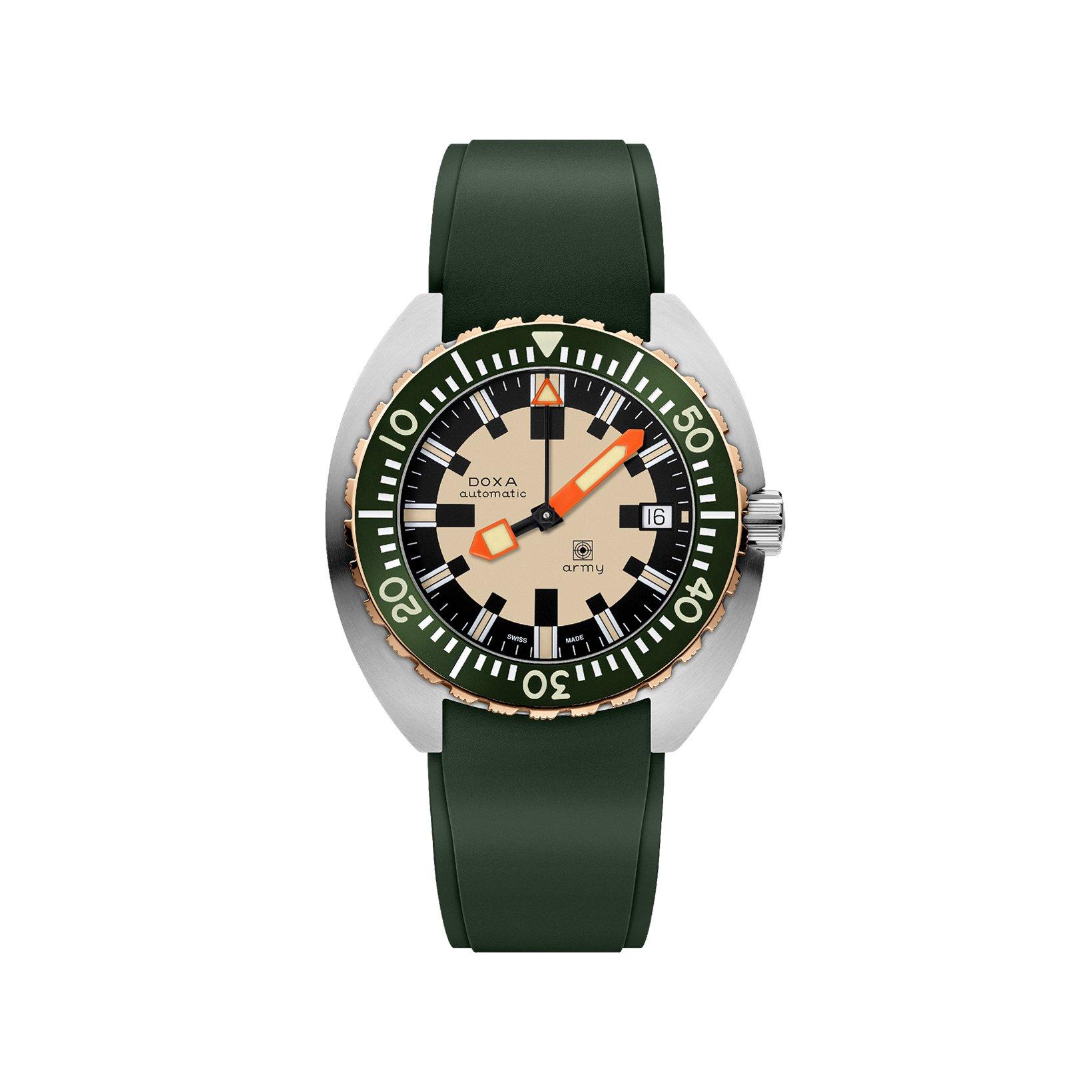 Doxa Watches Army  Automatic 42.5 mm Stainless Steel Watch  Green Dial   Rubber Strap