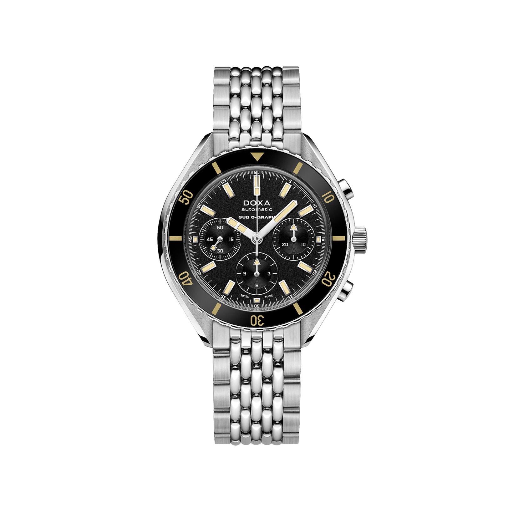 Doxa Watches Sub 200 Chronograph Sharkhunter Automatic 45 mm Stainless Steel Watch  Black Dial  Stainless Steel Bracelet