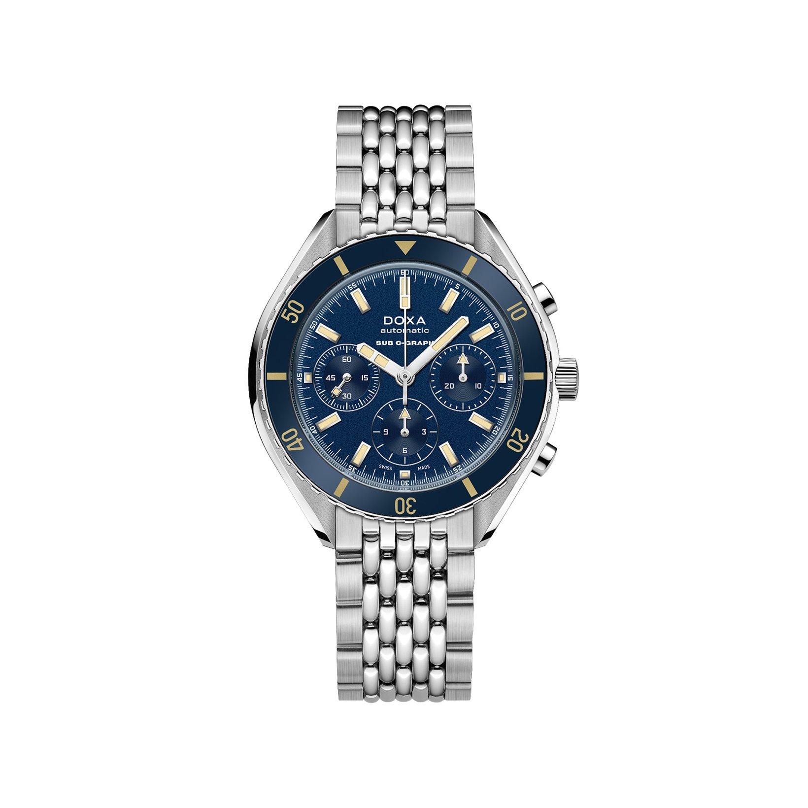 Doxa Watches Sub 200 Chronograph Caribbean Automatic 45 mm Stainless Steel Watch  Blue Dial  Stainless Steel Bracelet