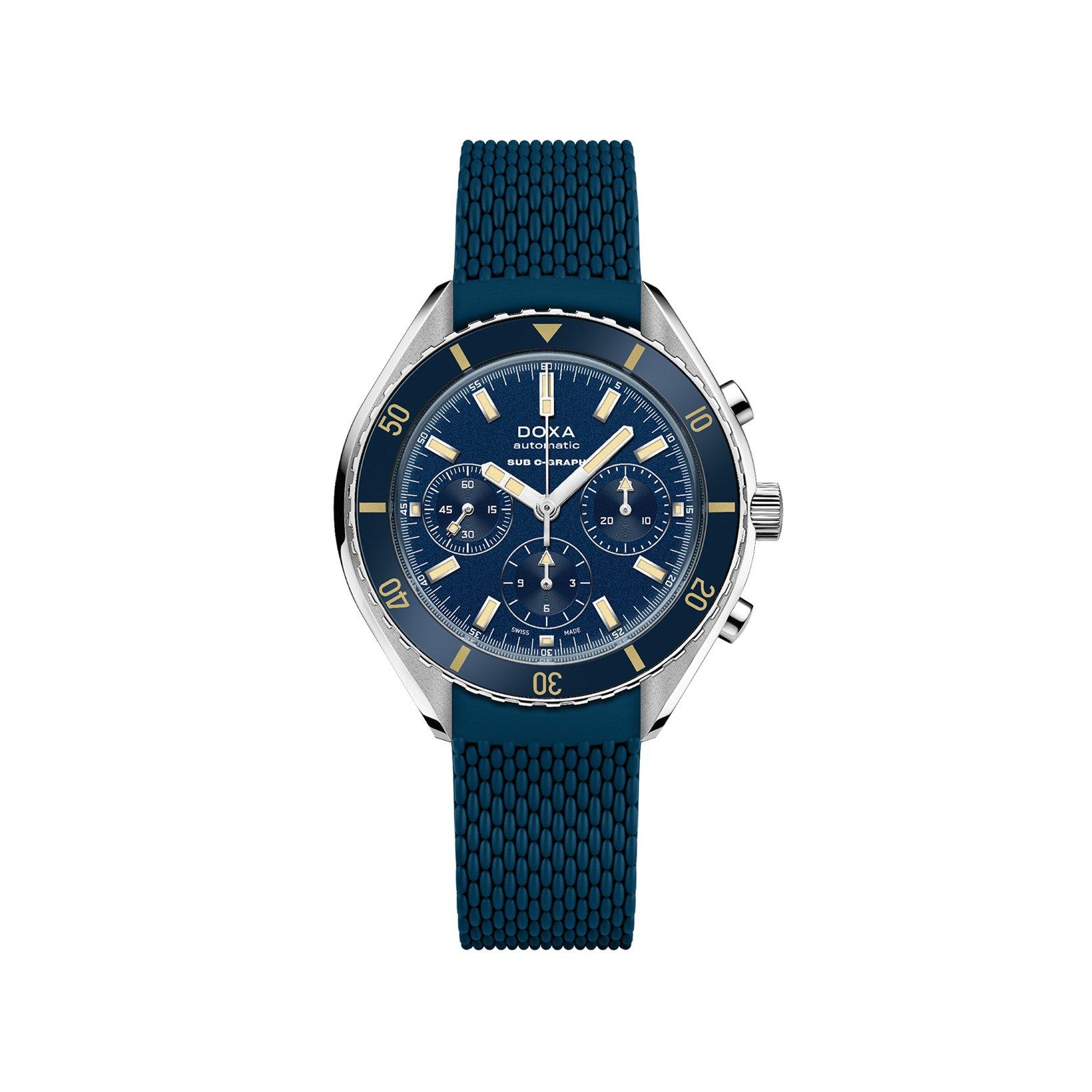 Doxa Watches Sub 200 Chronograph Caribbean Automatic 45 mm Stainless Steel Watch  Blue Dial   Rubber Strap