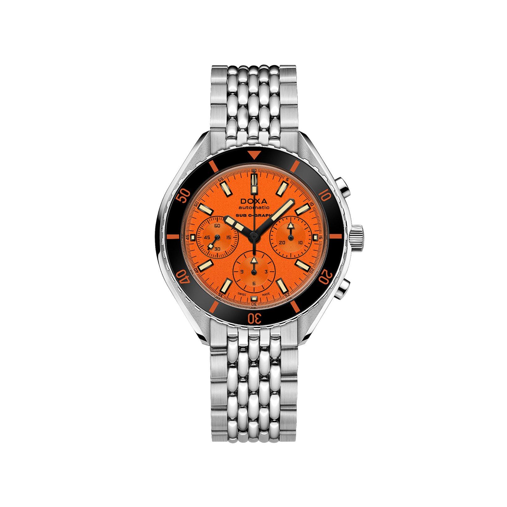 Doxa Watches Sub 200 Chronograph Professional Automatic 45 mm Stainless Steel Watch  Orange Dial  Stainless Steel Bracelet