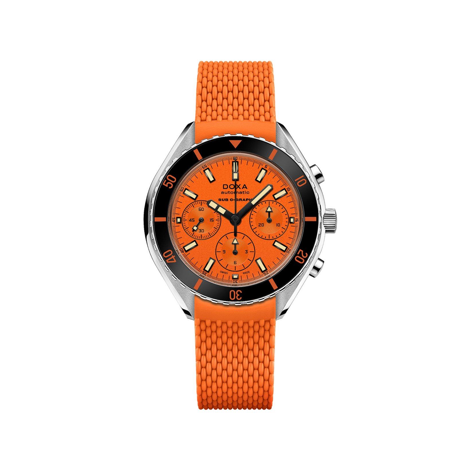 Doxa Watches Sub 200 Sub 200 Chronograph Aquamarine Automatic 45 mm Stainless Steel Watch  Orange Dial   Rubber Strap