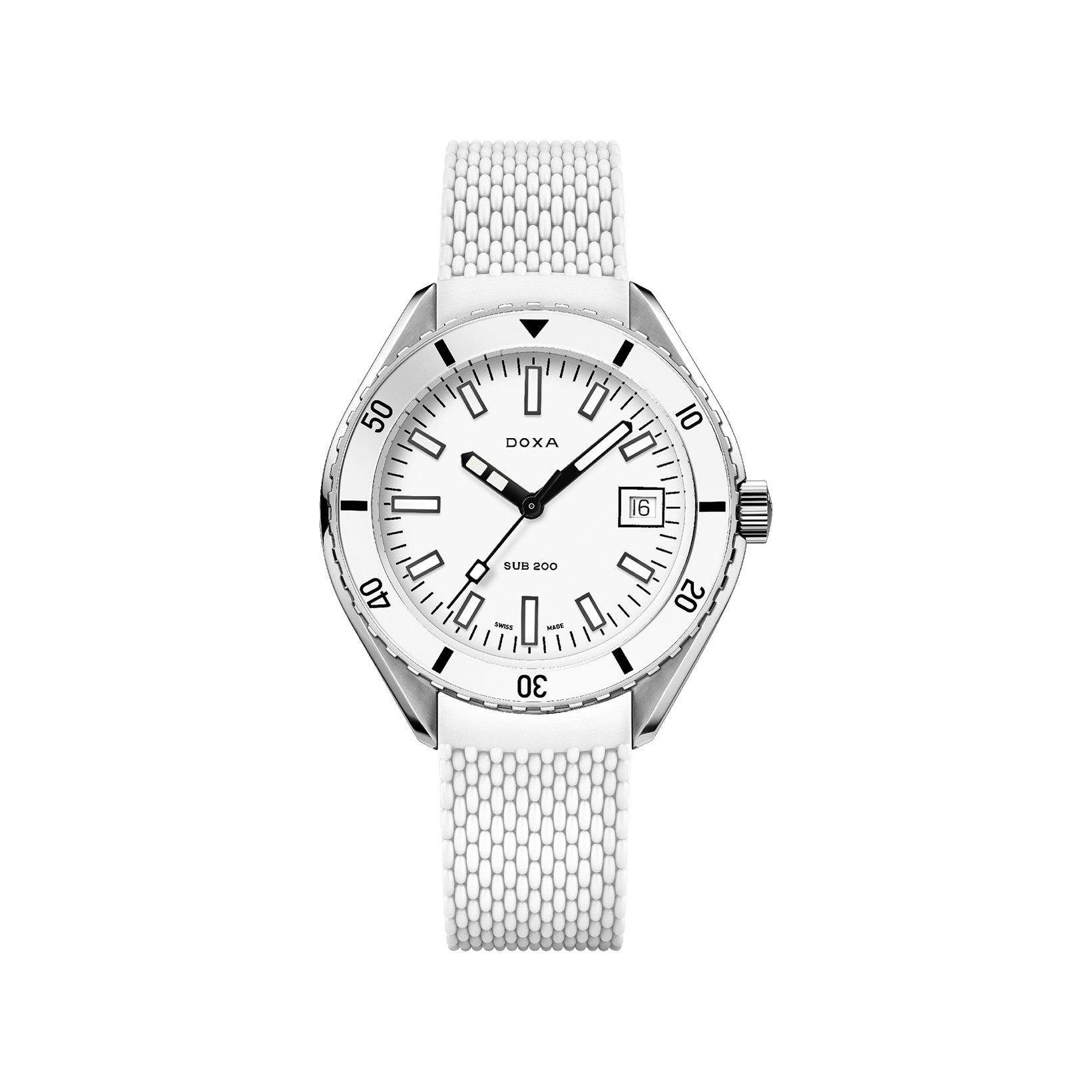 Doxa Watches Sub 200 Whitepearl Automatic 42 mm Stainless Steel Watch  White Dial   Rubber Strap