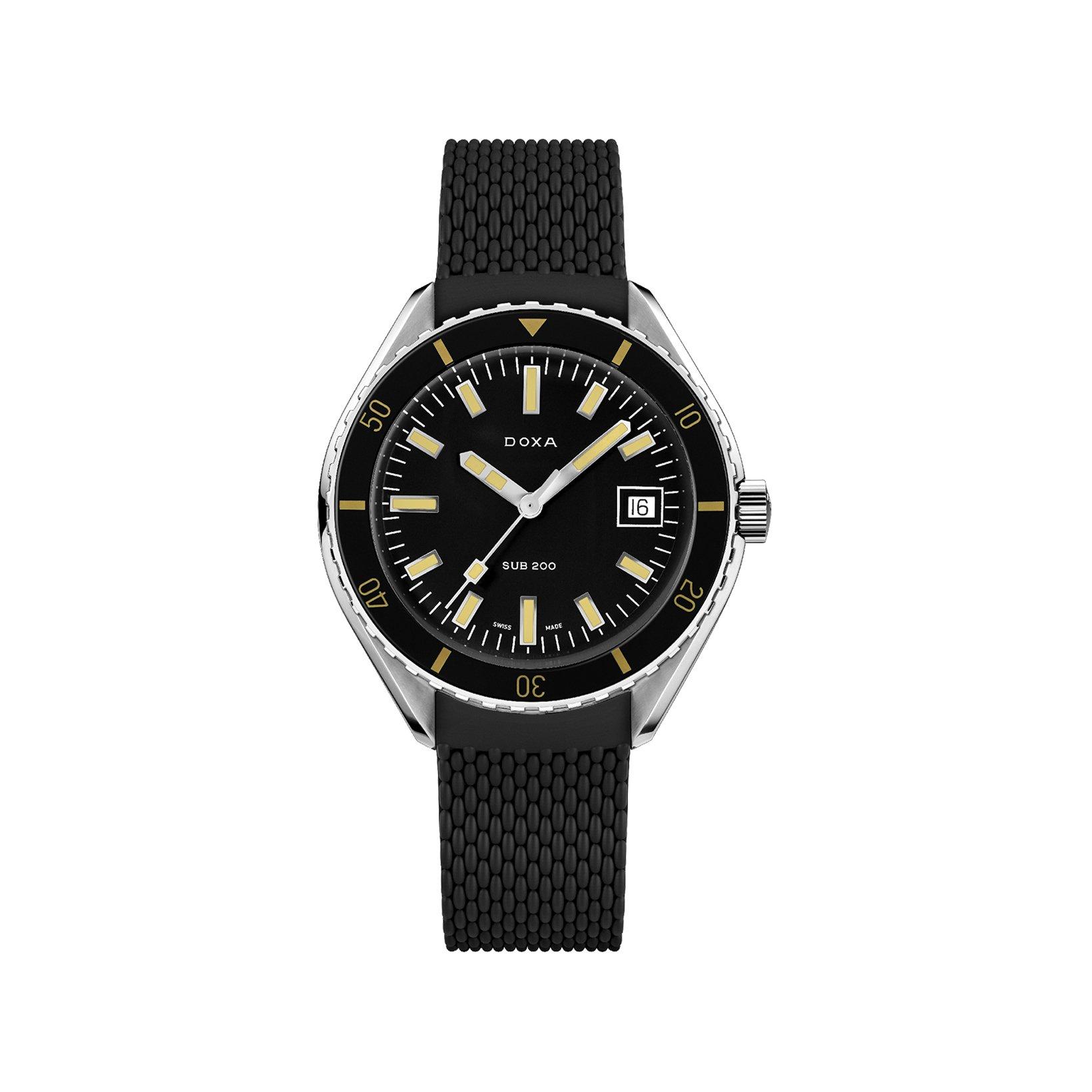 Doxa Watches Sub 200 Sharkhunter Automatic 42 mm Stainless Steel Watch  Black Dial   Rubber Strap