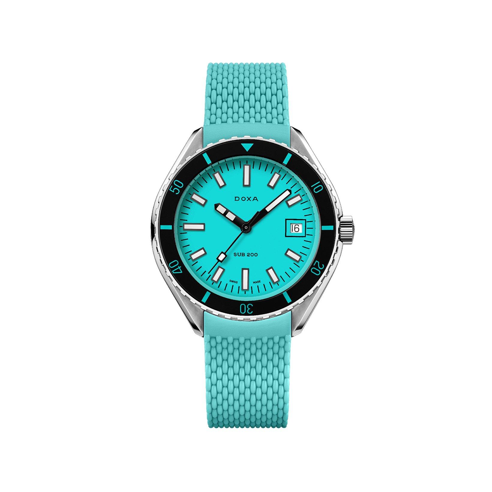 Doxa Watches Sub 200 Aquamarine Automatic 42 mm Stainless Steel Watch  Turquoise Dial   Rubber Strap