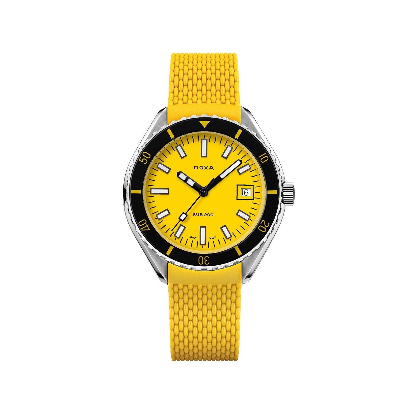 Doxa Watches Sub 200 Divingstar Automatic 42 mm Stainless Steel Watch  Yellow Dial   Rubber Strap