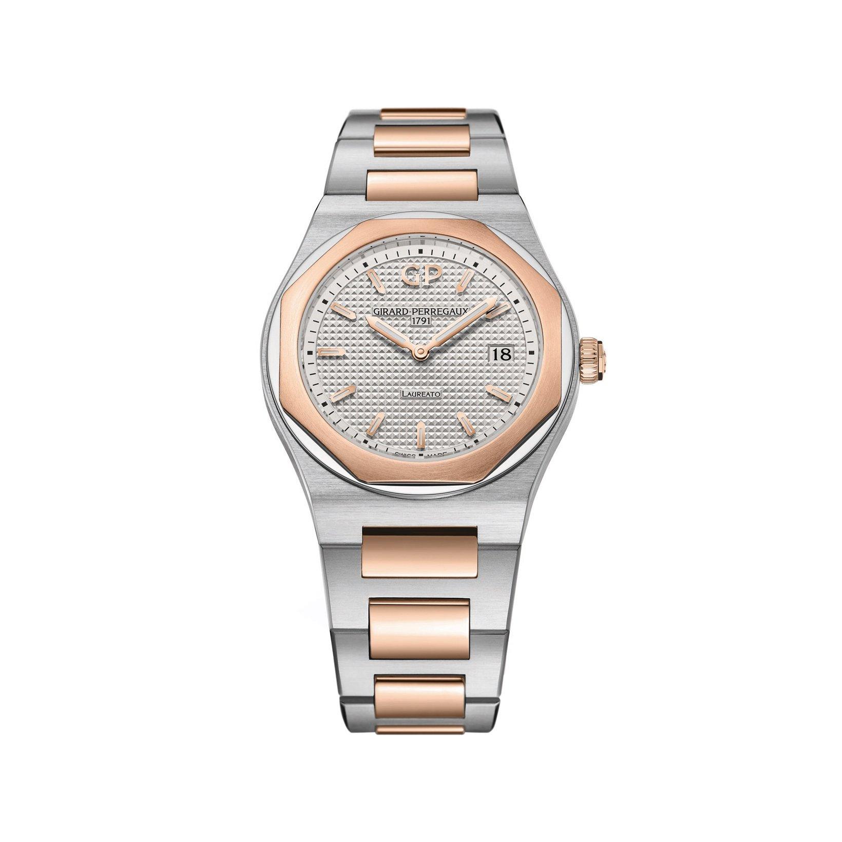 Girard Perregaux Laureato  Quartz 34 mm Stainless Steel And Rose Gold Watch  Silver Dial  Stainless Steel And Rose Gold Bracelet