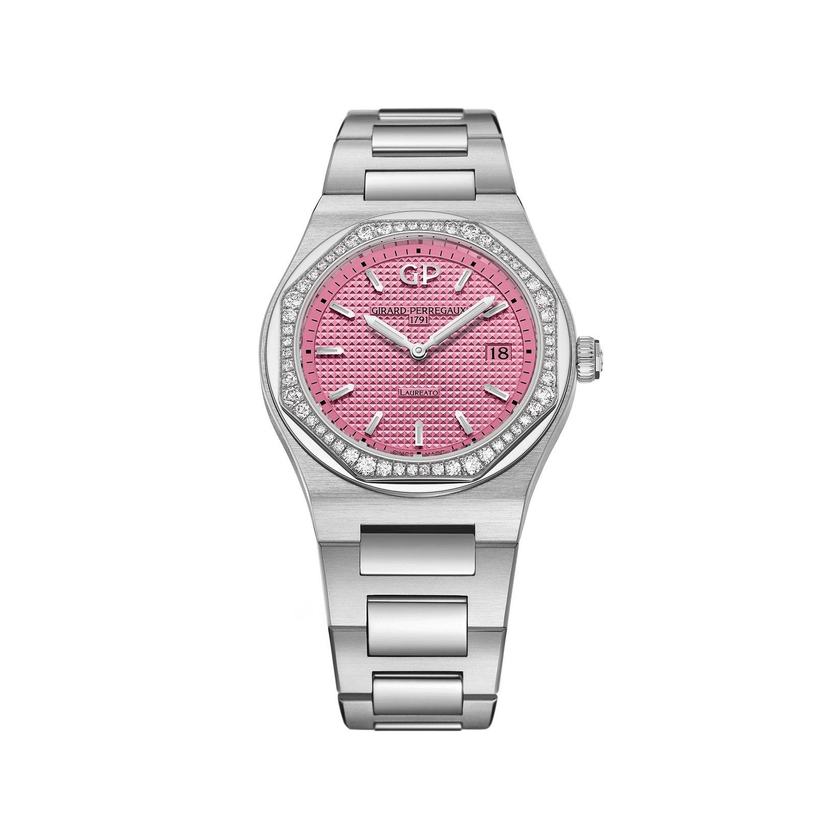 Girard Perregaux Laureato  Quartz 34 mm Stainless Steel Watch  Pink Dial  Stainless Steel Bracelet