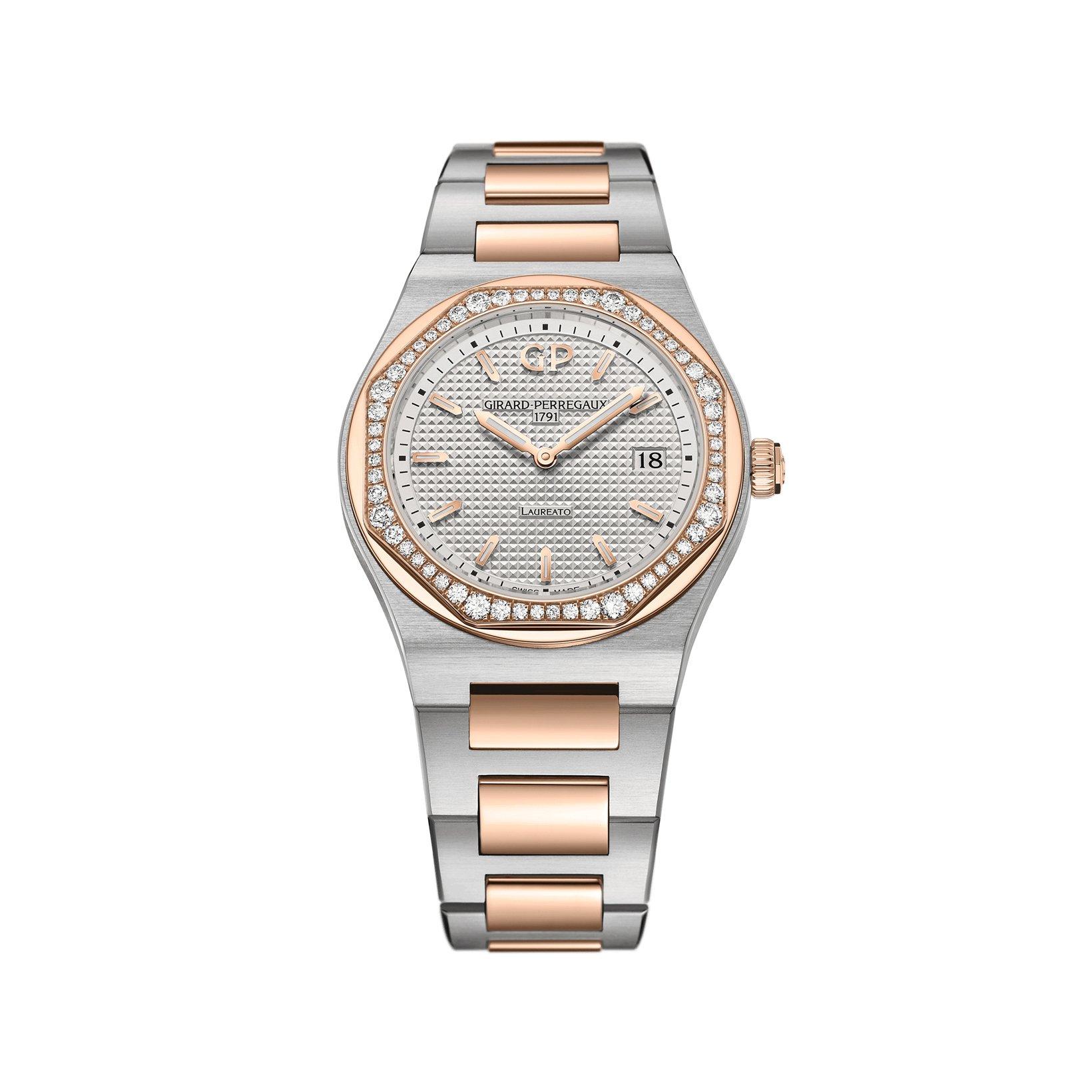 Girard Perregaux Laureato  Quartz 34 mm Stainless Steel And Rose Gold Watch  Silver Dial  Stainless Steel And Rose Gold Bracelet