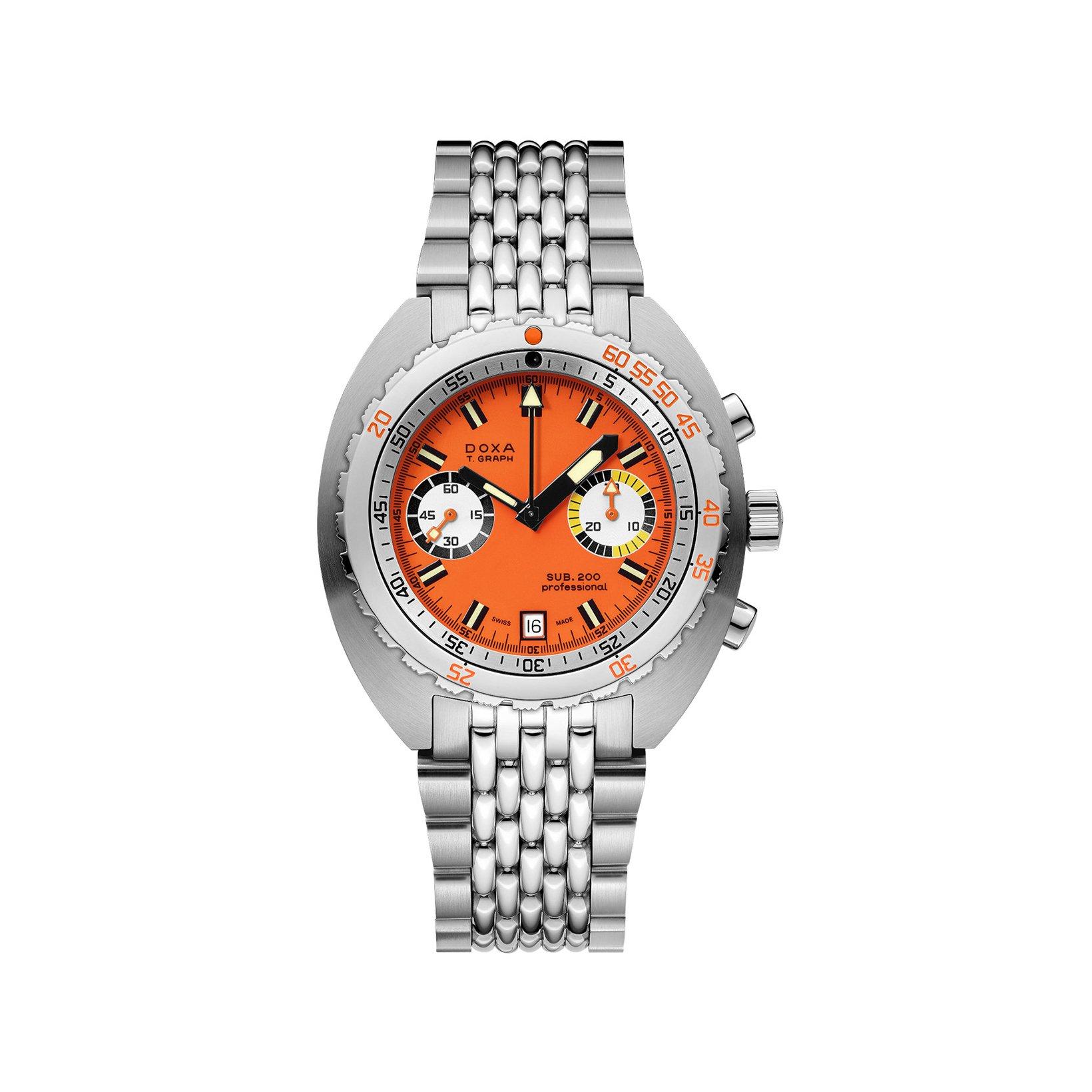 Doxa Watches Sub 200t Sub 200t Graph Professional Manual Winding 43 mm Stainless Steel Watch  Orange Dial  Stainless Steel Bracelet