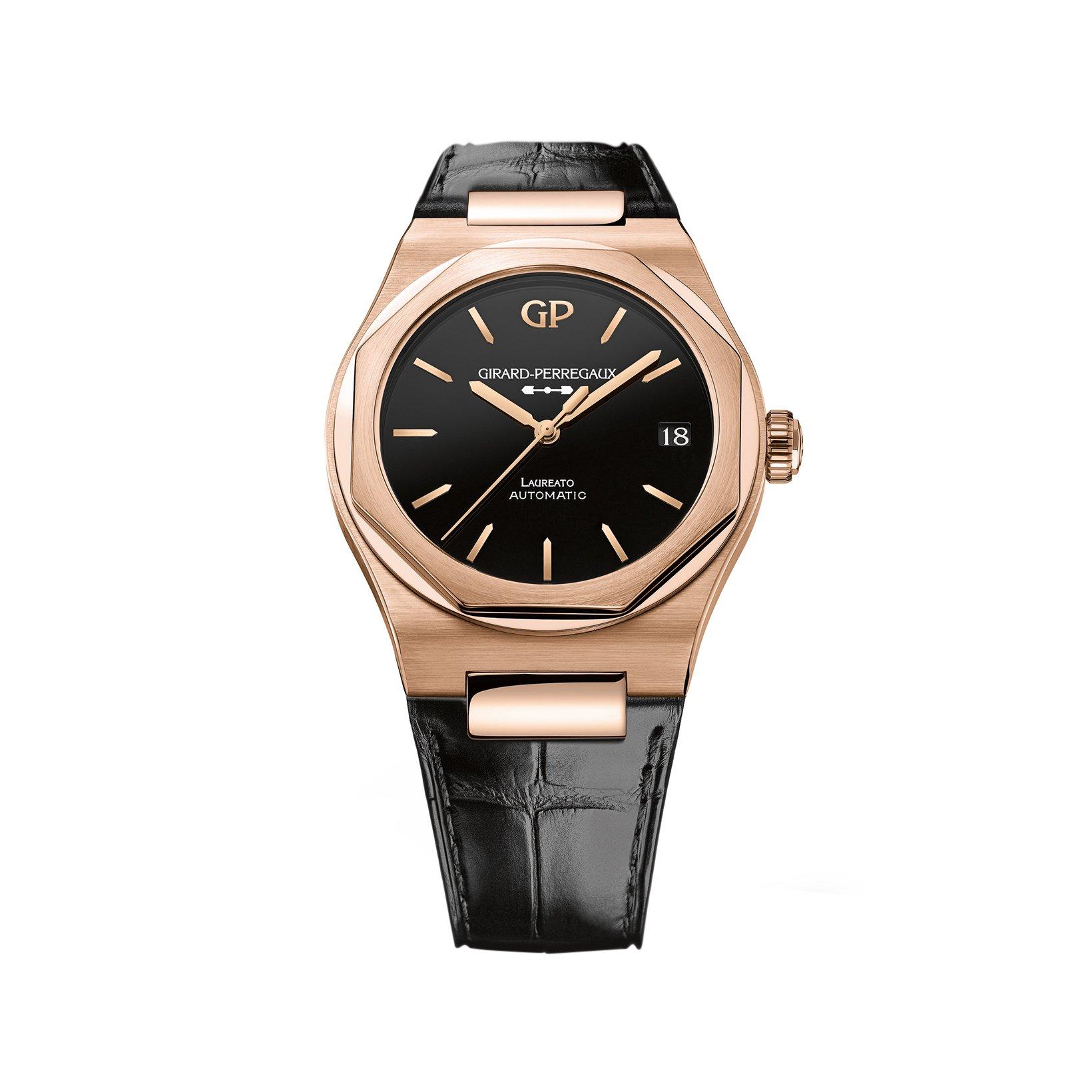 Girard Perregaux Laureato  Automatic 42 mm Rose Gold Watch  Black Dial   Alligator Leather Strap