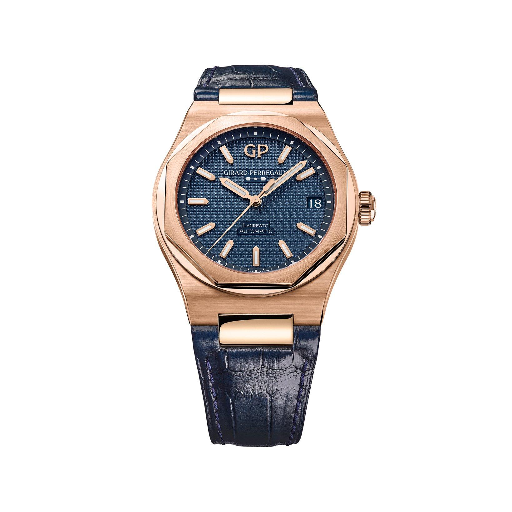 Girard Perregaux Laureato  Automatic 42 mm Rose Gold Watch  Blue Dial   Alligator Leather Strap