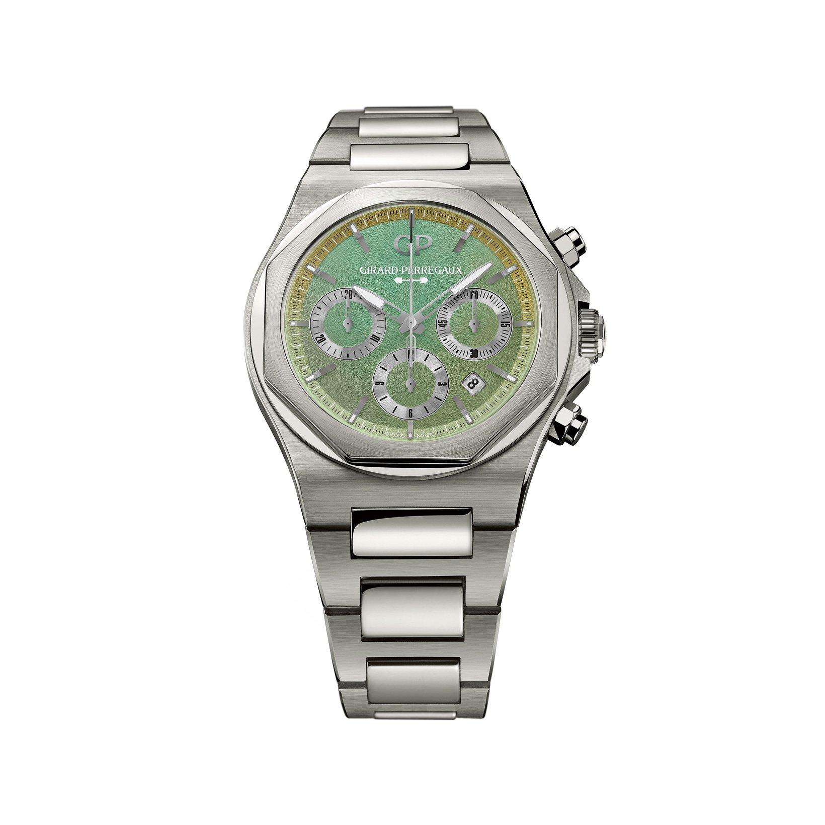 Girard Perregaux Laureato Chronograph Aston Martin Automatic 42 mm Titanium Watch  Green Dial  Stainless Steel Bracelet Rubber Strap