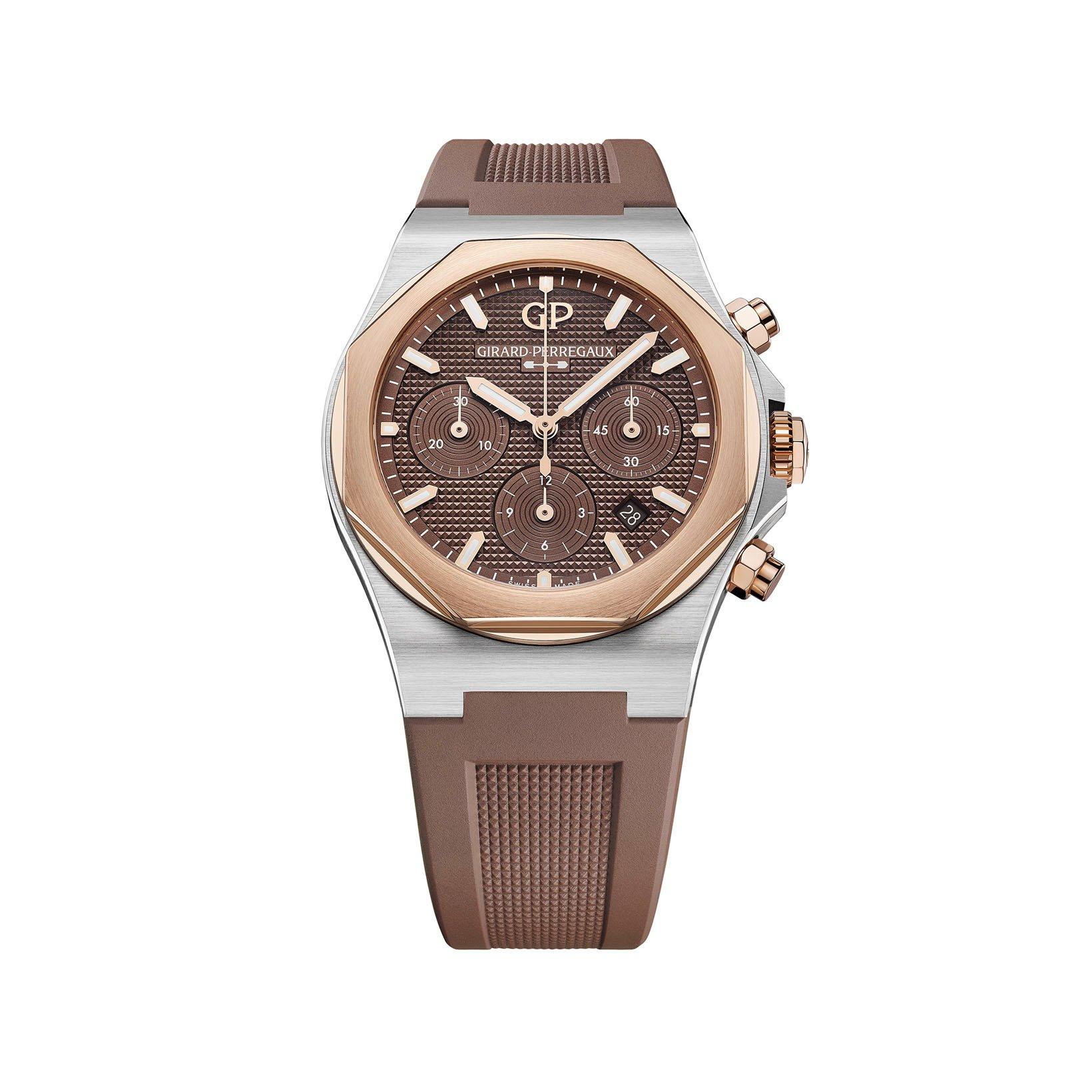 Girard Perregaux Laureato Chronograph Automatic 42 mm Stainless Steel And Pink Gold Watch  Brown Dial   Rubber Strap
