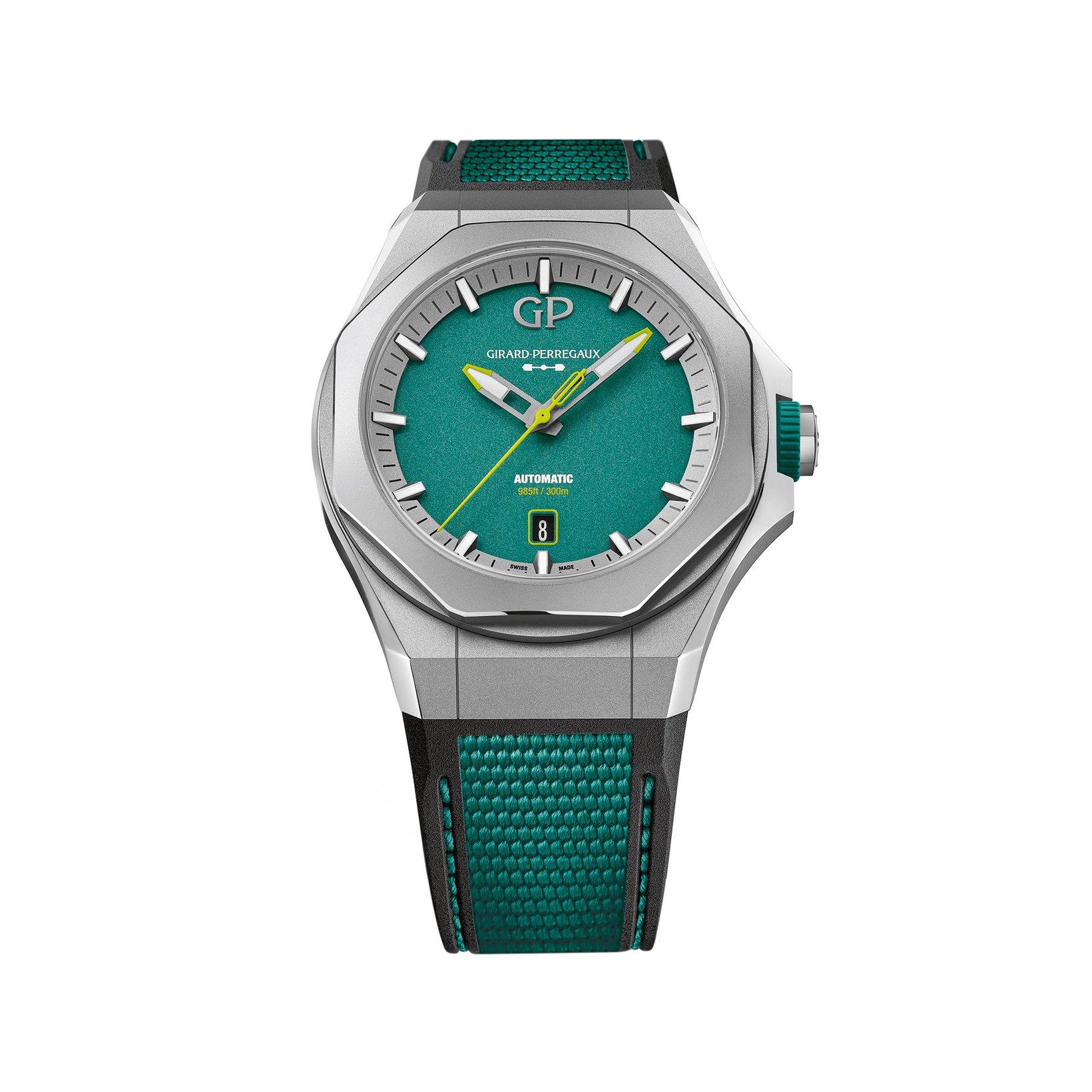 Girard Perregaux Laureato Aston Martin Automatic 44 mm Titanium Watch  Green Dial   Rubber Strap