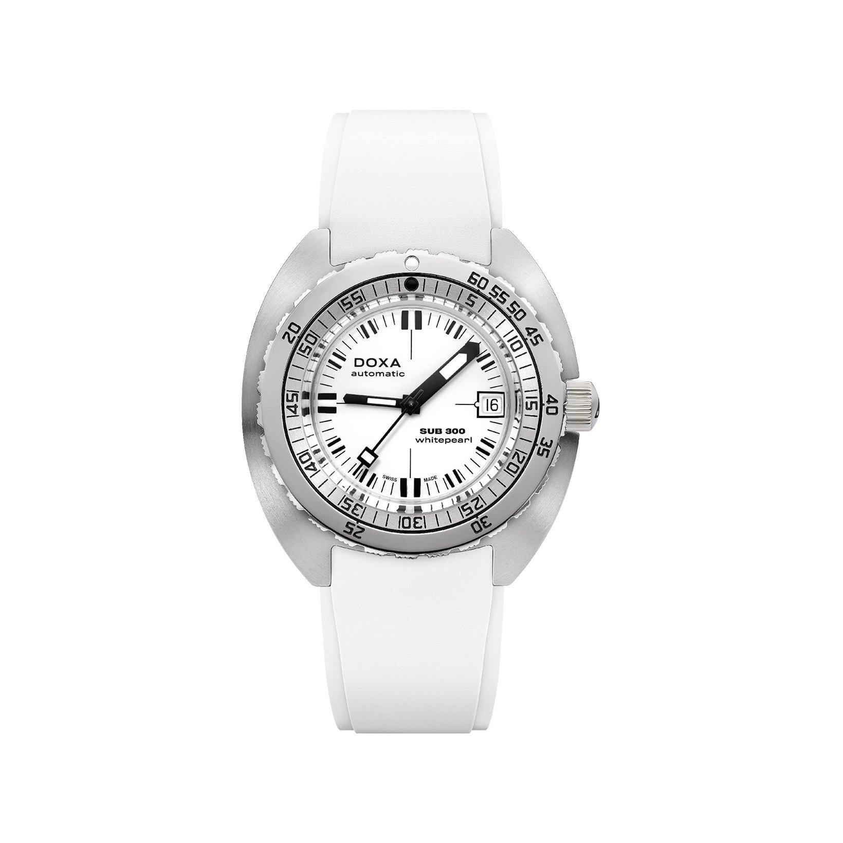 Doxa Watches Sub 300 Whitepearl Automatic 42.5 mm Stainless Steel Watch  White Dial   Rubber Strap