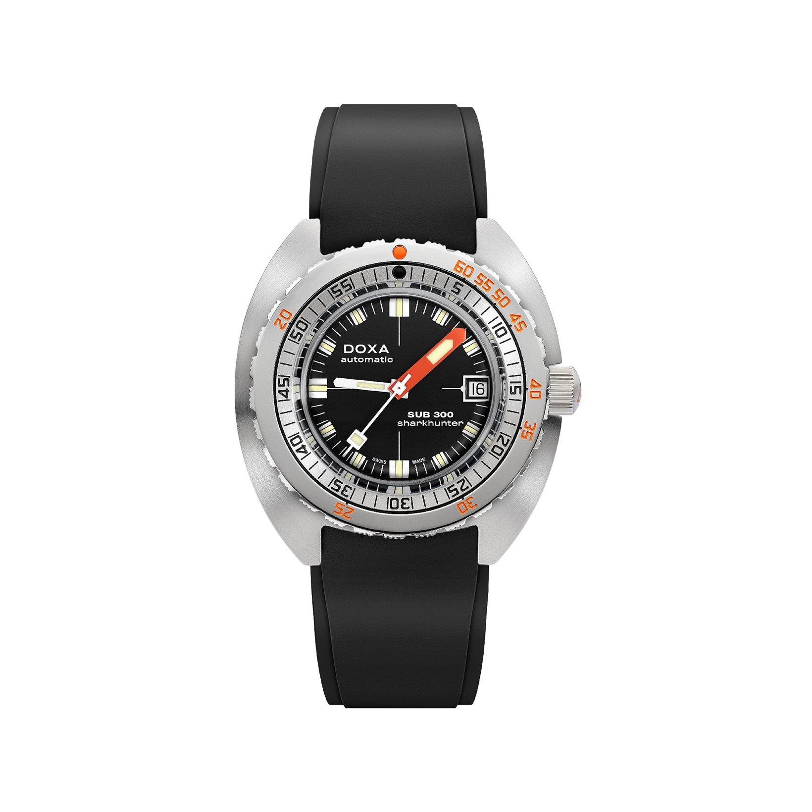 Doxa Watches Sub 300 Sharkhunter Automatic 42.5 mm Stainless Steel Watch  Black Dial   Rubber Strap