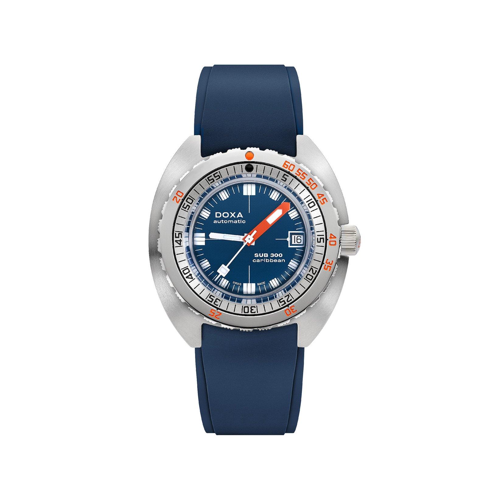Doxa Watches Sub 300 Caribbean Automatic 42.5 mm Stainless Steel Watch  Blue Dial   Rubber Strap