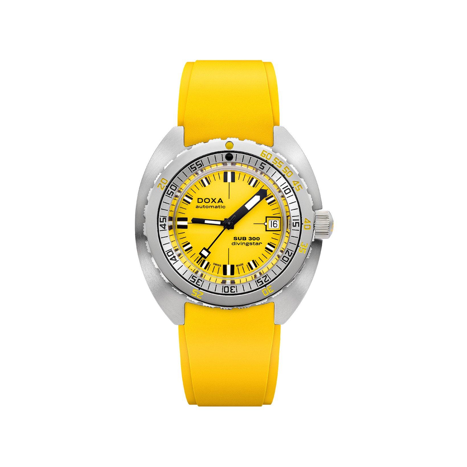 Doxa Watches Sub 300 Divingstar Automatic 42.5 mm Stainless Steel Watch  Yellow Dial   Rubber Strap