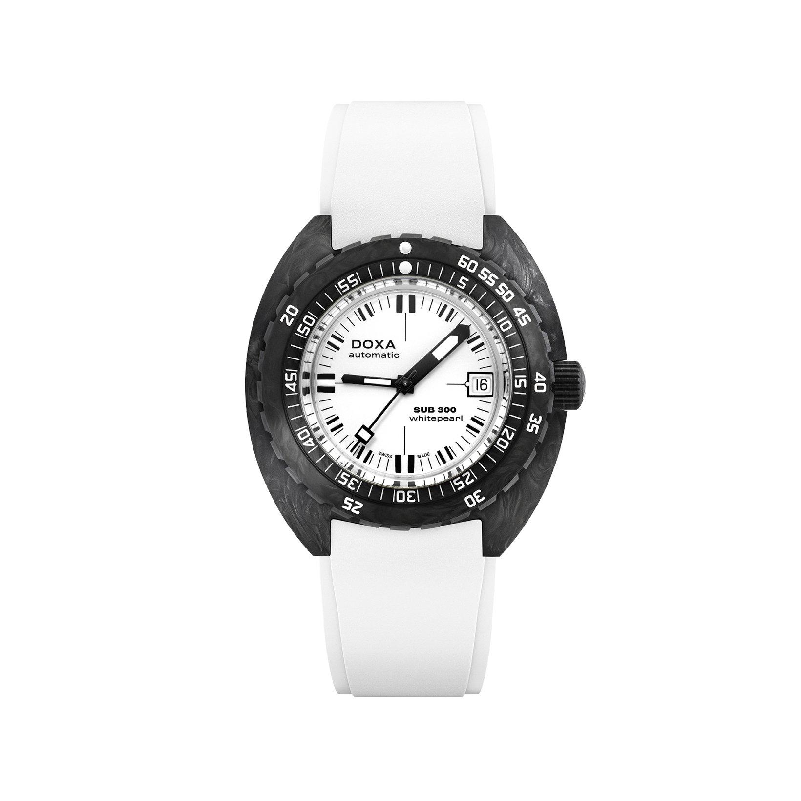 Doxa Watches Sub 300 Carbon Whitepearl Automatic 42.5 mm Carbon Watch  White Dial   Rubber Strap