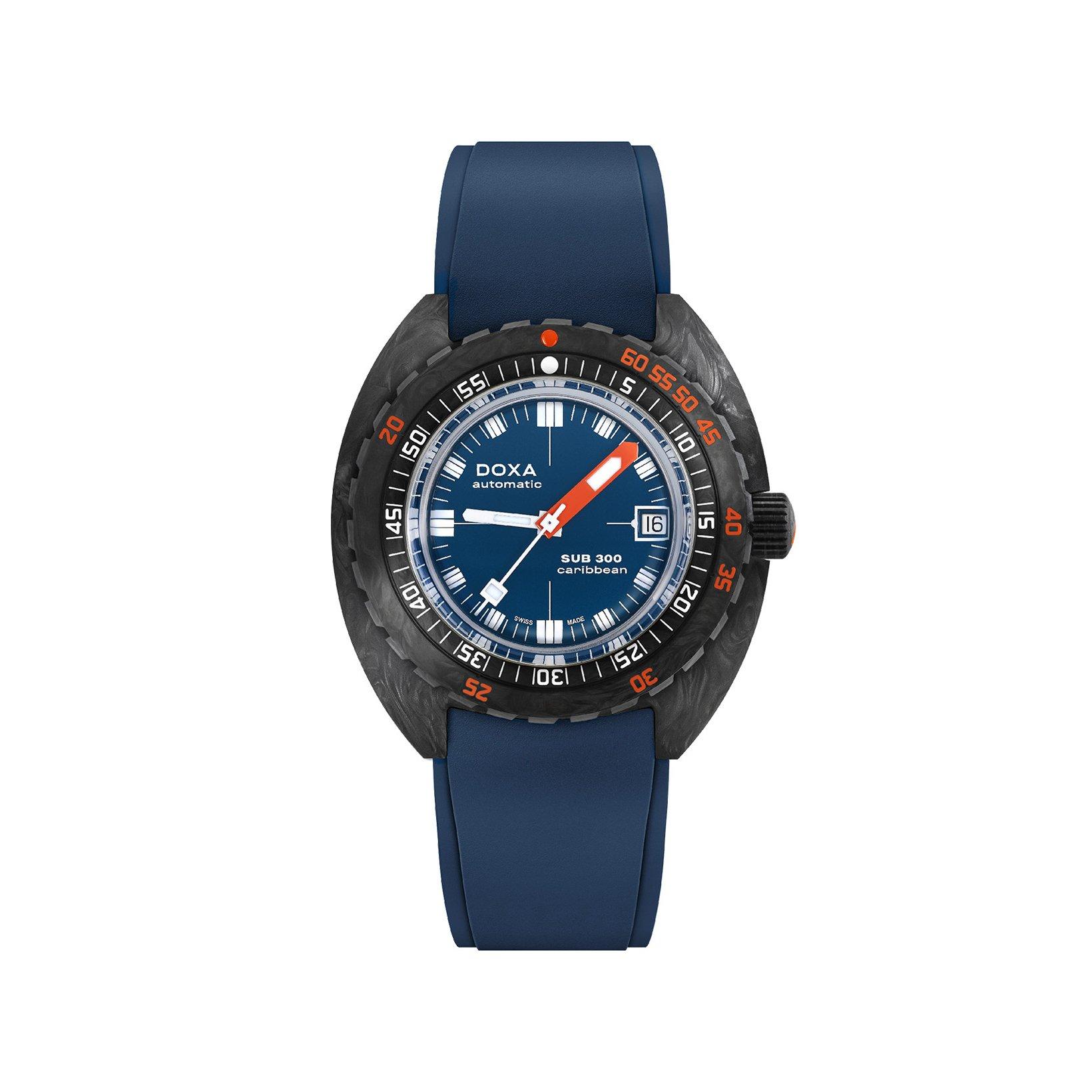 Doxa Watches Sub 300 Carribean Automatic 42.5 mm Carbon Watch  Blue Dial   Rubber Strap