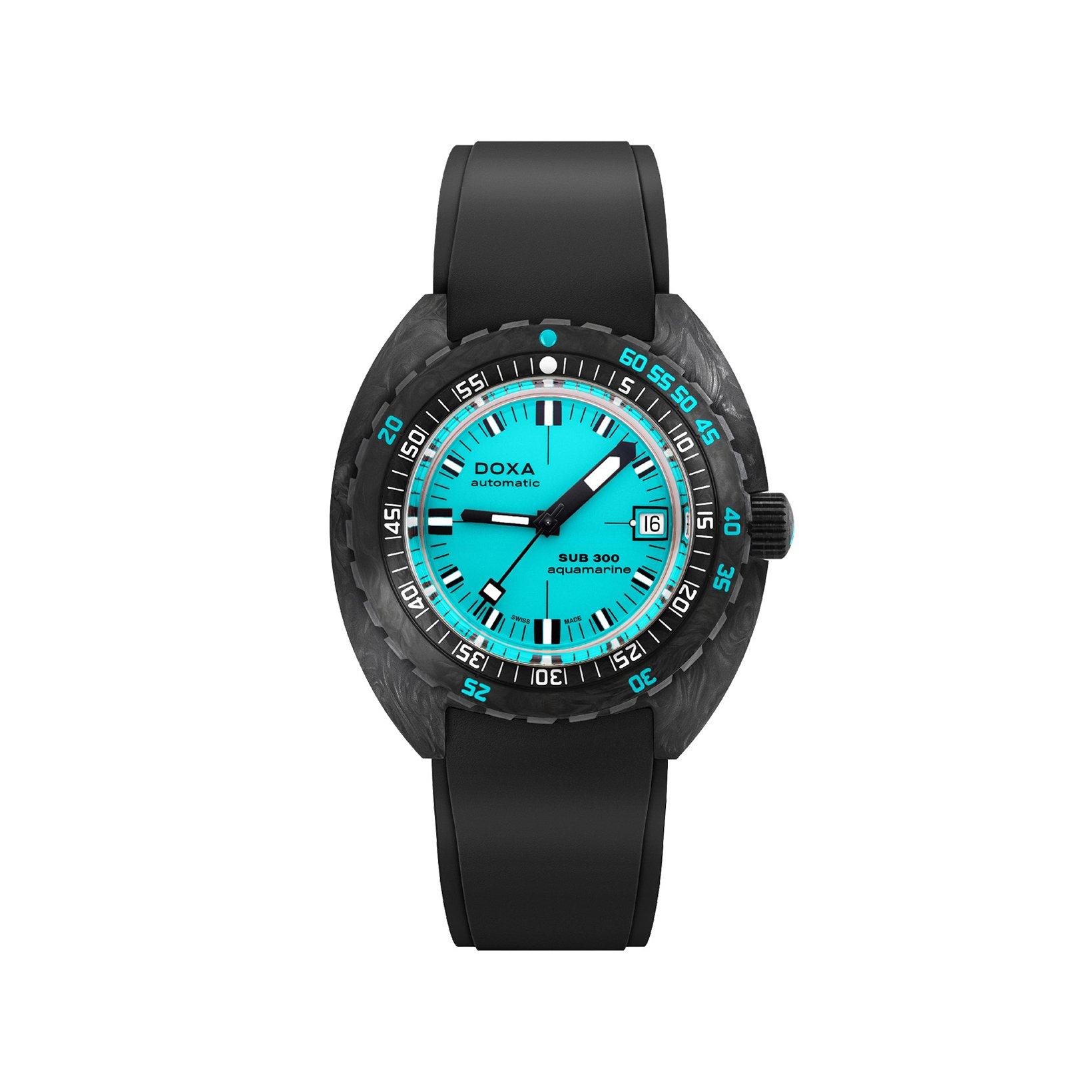 Doxa Watches Sub 300 Aquamarine Automatic 42.5 mm Carbon Watch  Turquoise Dial   Rubber Strap