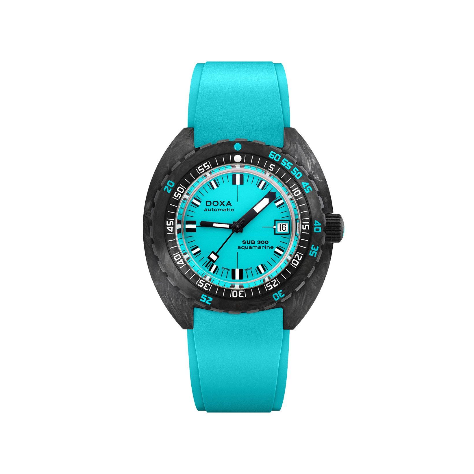 Doxa Watches Sub 300 Aquamarine Automatic 42.5 mm Carbon Watch  Turquoise Dial   Rubber Strap