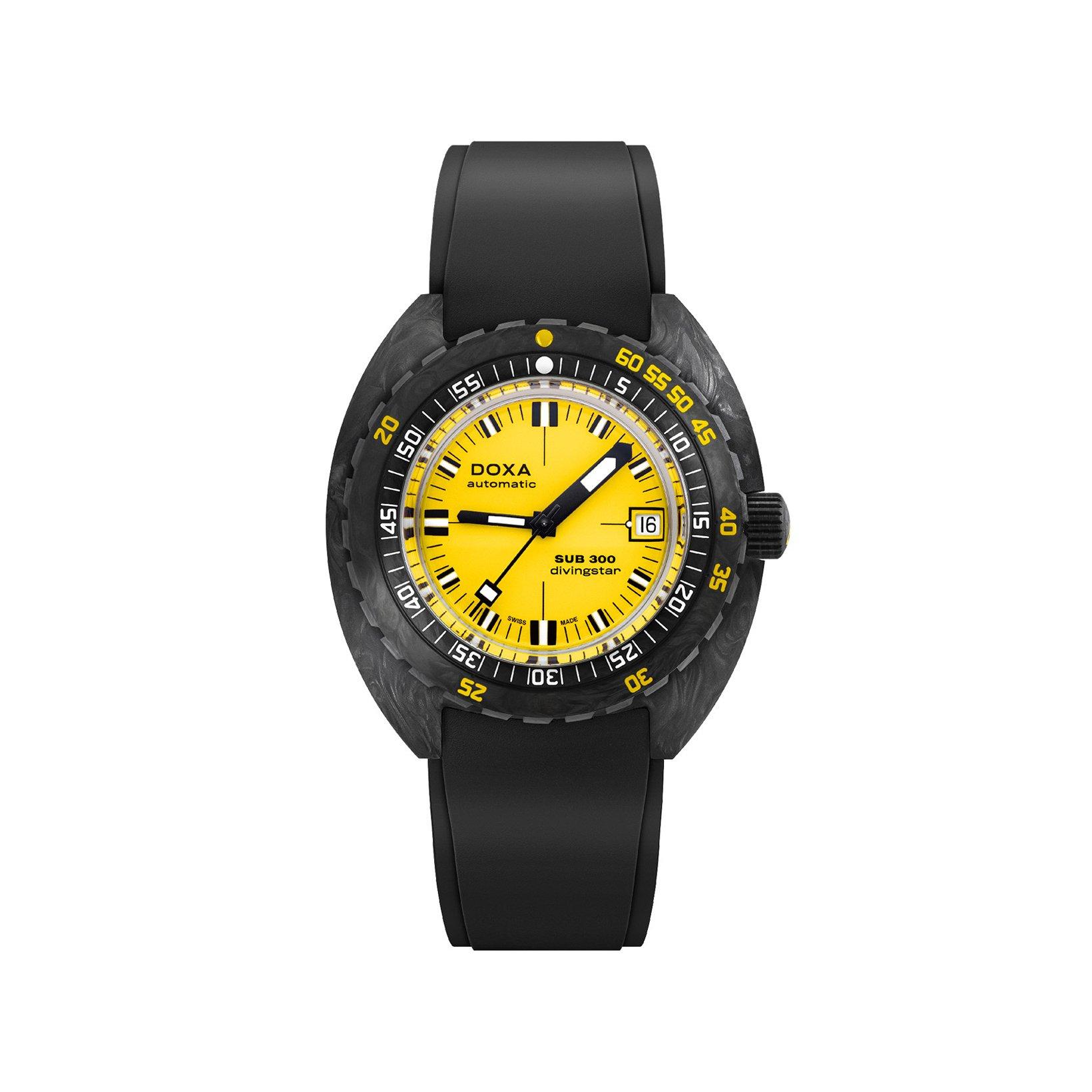 Doxa Watches Sub 300 Divingstar Automatic 42.5 mm Carbon Watch  Yellow Dial   Rubber Strap