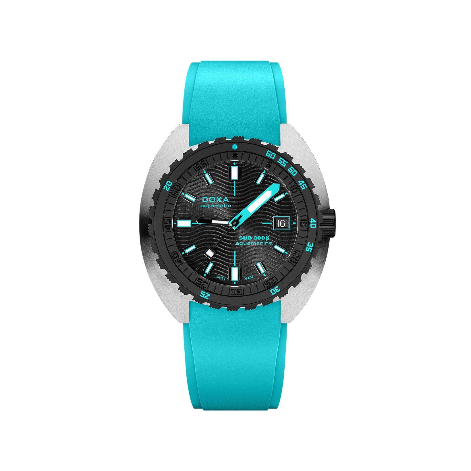 Doxa Watches Sub 300 Beta Aquamarine Automatic 42.5 mm Stainless Steel Watch  Black Dial   Rubber Strap
