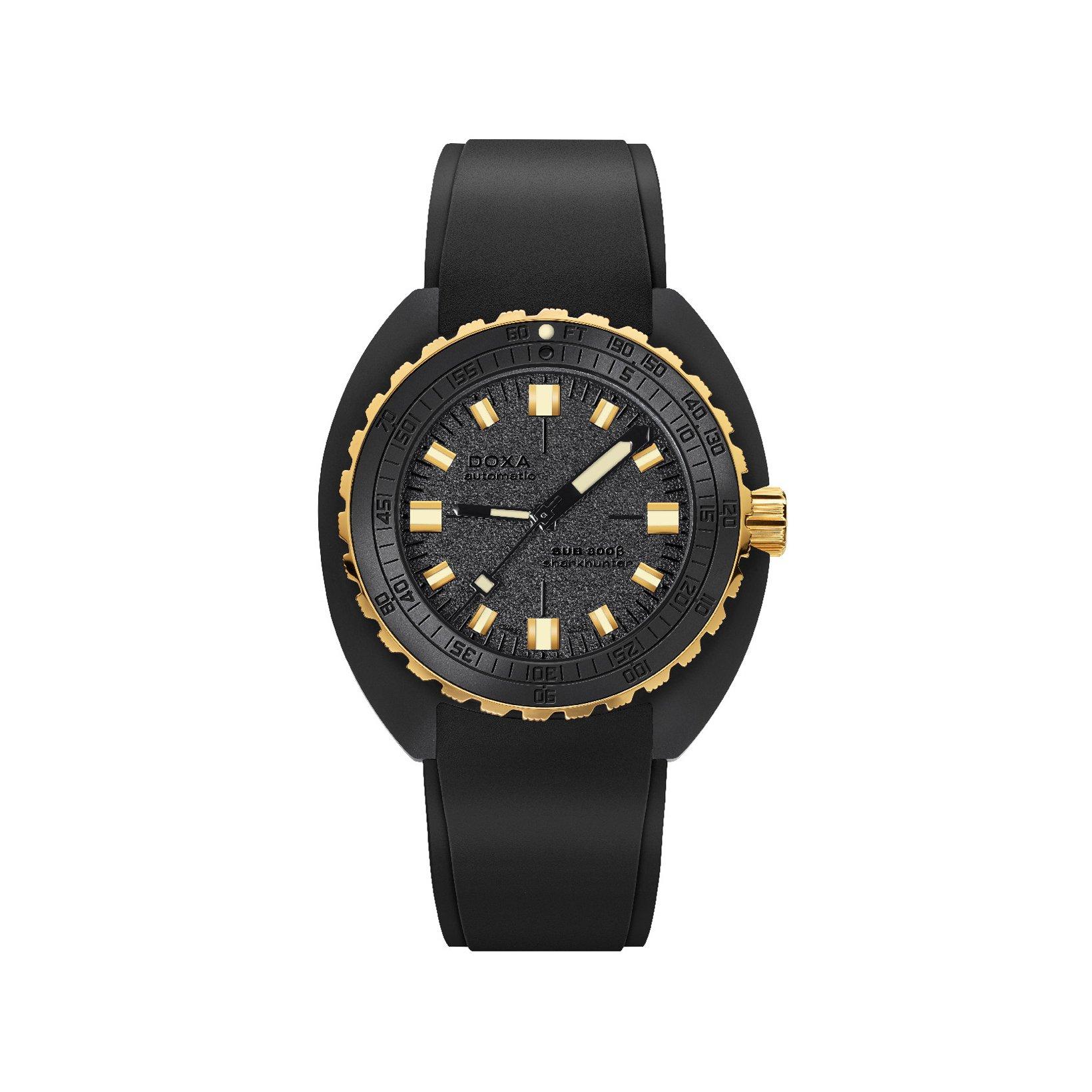 Doxa Watches Sub 300 Beta Sharkhunter Automatic 42.5 mm Titanium And Ceramic Watch  Black Dial   Rubber Strap