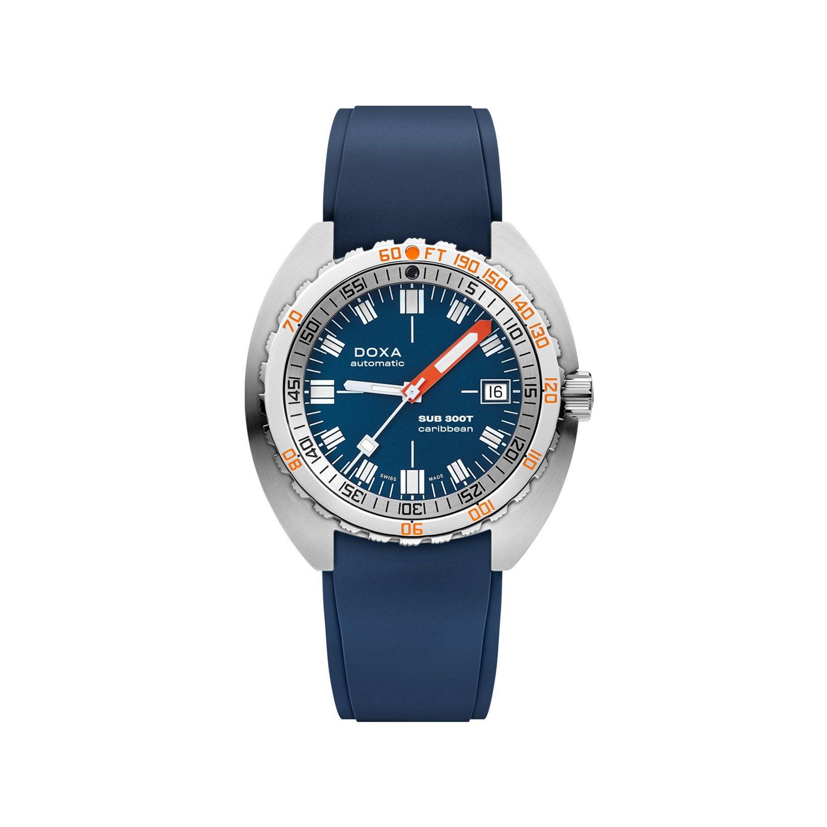 Doxa Watches Sub 300t Caribbean Automatic 42.5 mm Stainless Steel Watch  Blue Dial   Rubber Strap