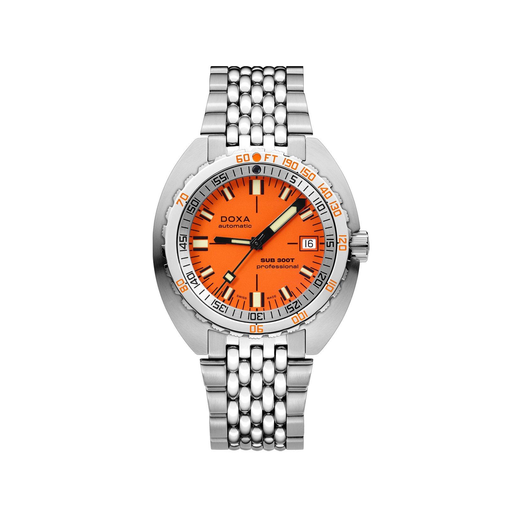 Doxa Watches Sub 300t Professional Automatic 42.5 mm Stainless Steel Watch  Orange Dial  Stainless Steel Bracelet