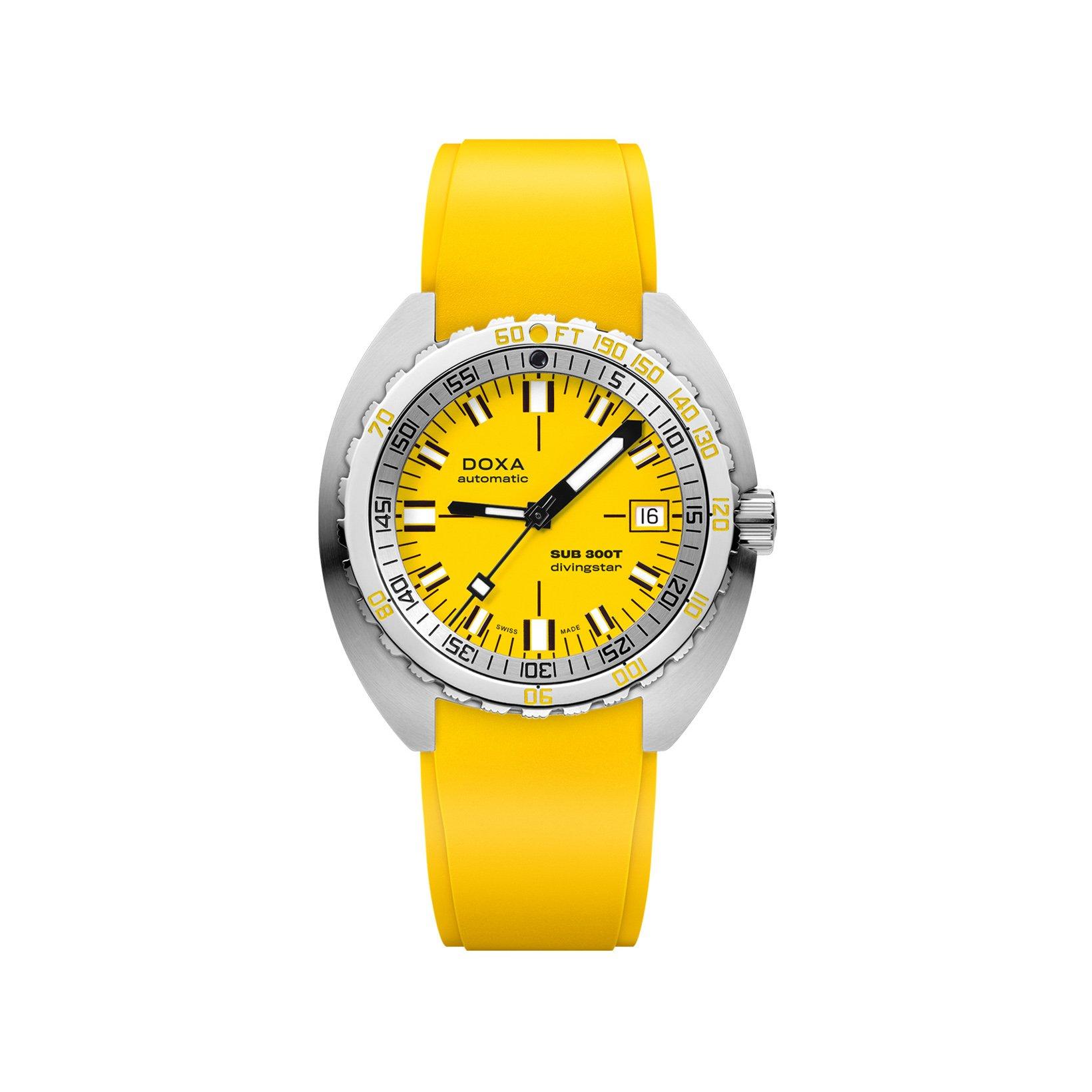 Doxa Watches Sub 300t Divingstar Automatic 42.5 mm Stainless Steel Watch  Yellow Dial   Rubber Strap